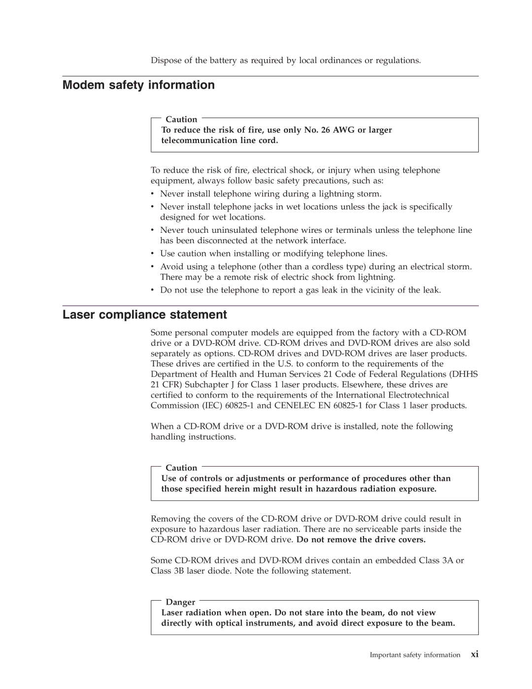 Lenovo 8010, 8813, 8796, 8808, 8800, 8804, 8792 manual Modem safety information, Laser compliance statement 