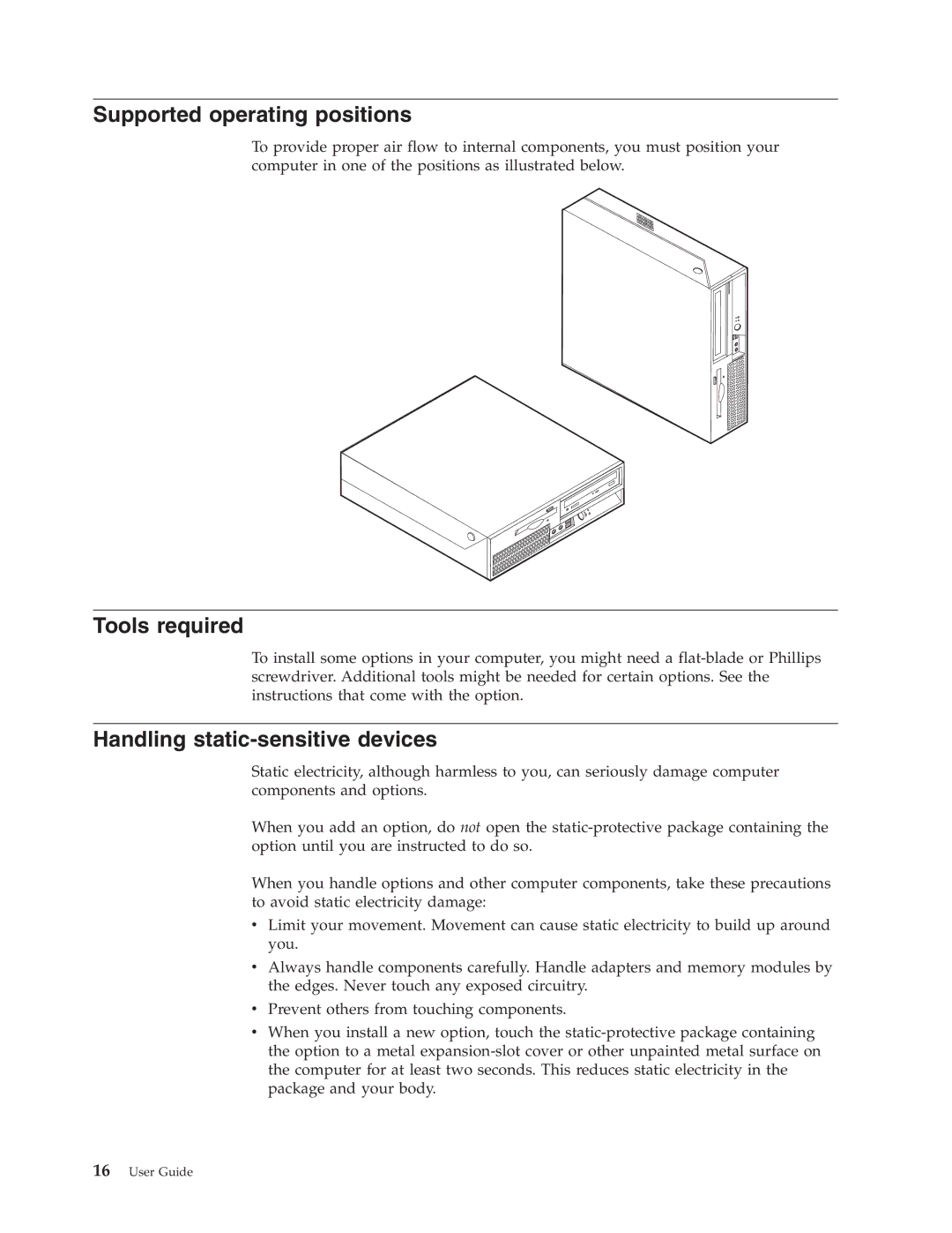 Lenovo 8804, 8813, 8796, 8808, 8800, 8792 Supported operating positions, Tools required, Handling static-sensitive devices 