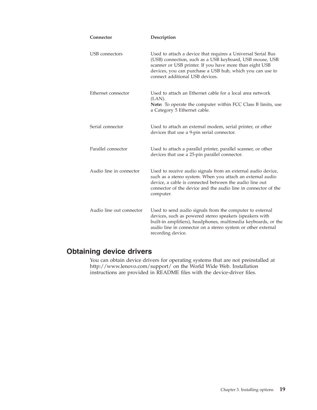 Lenovo 8813, 8796, 8808, 8800, 8804, 8792, 8010 manual Obtaining device drivers, Connector Description 