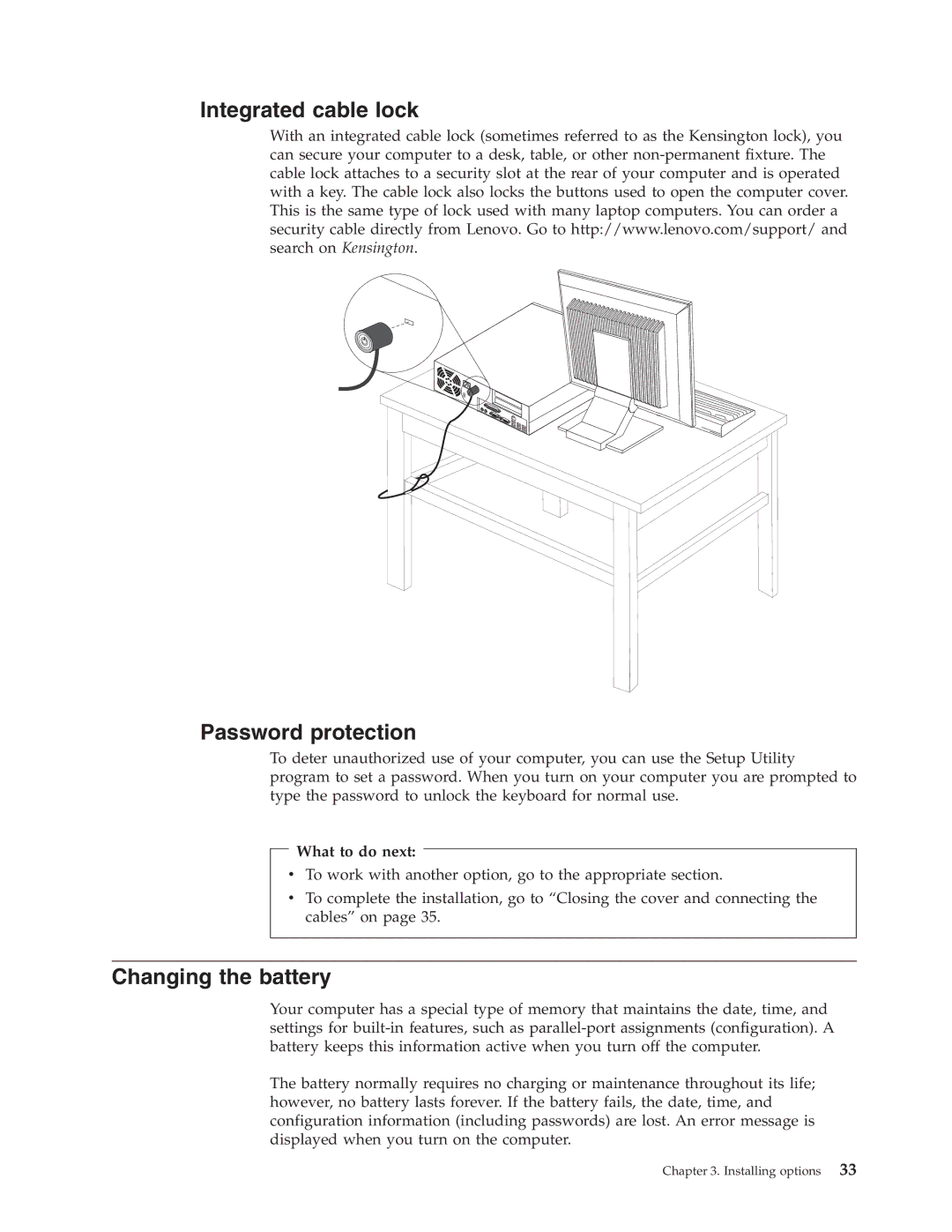 Lenovo 8813, 8796, 8808, 8800, 8804, 8792, 8010 manual Integrated cable lock Password protection, Changing the battery 