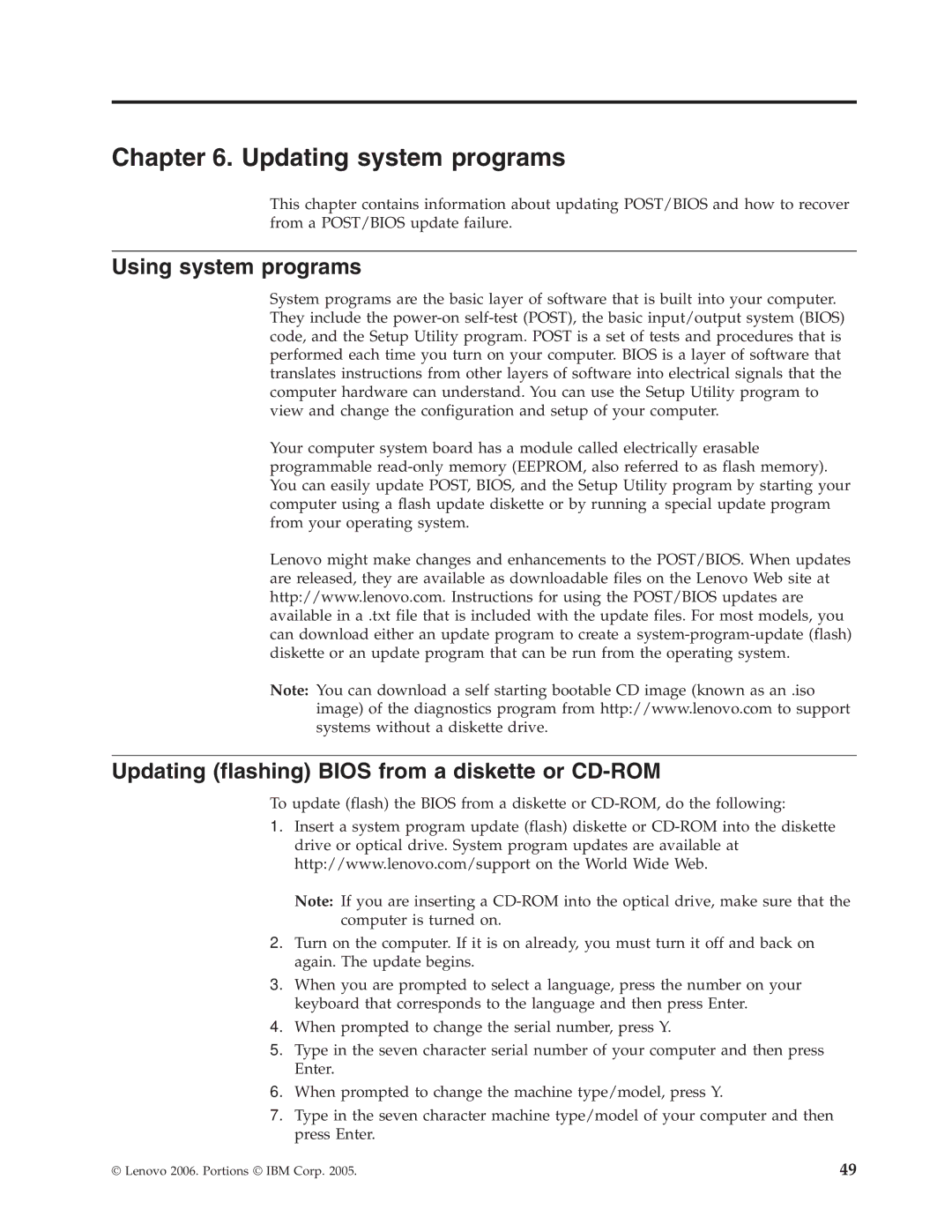 Lenovo 8808, 8813, 8796 Updating system programs, Using system programs, Updating flashing Bios from a diskette or CD-ROM 