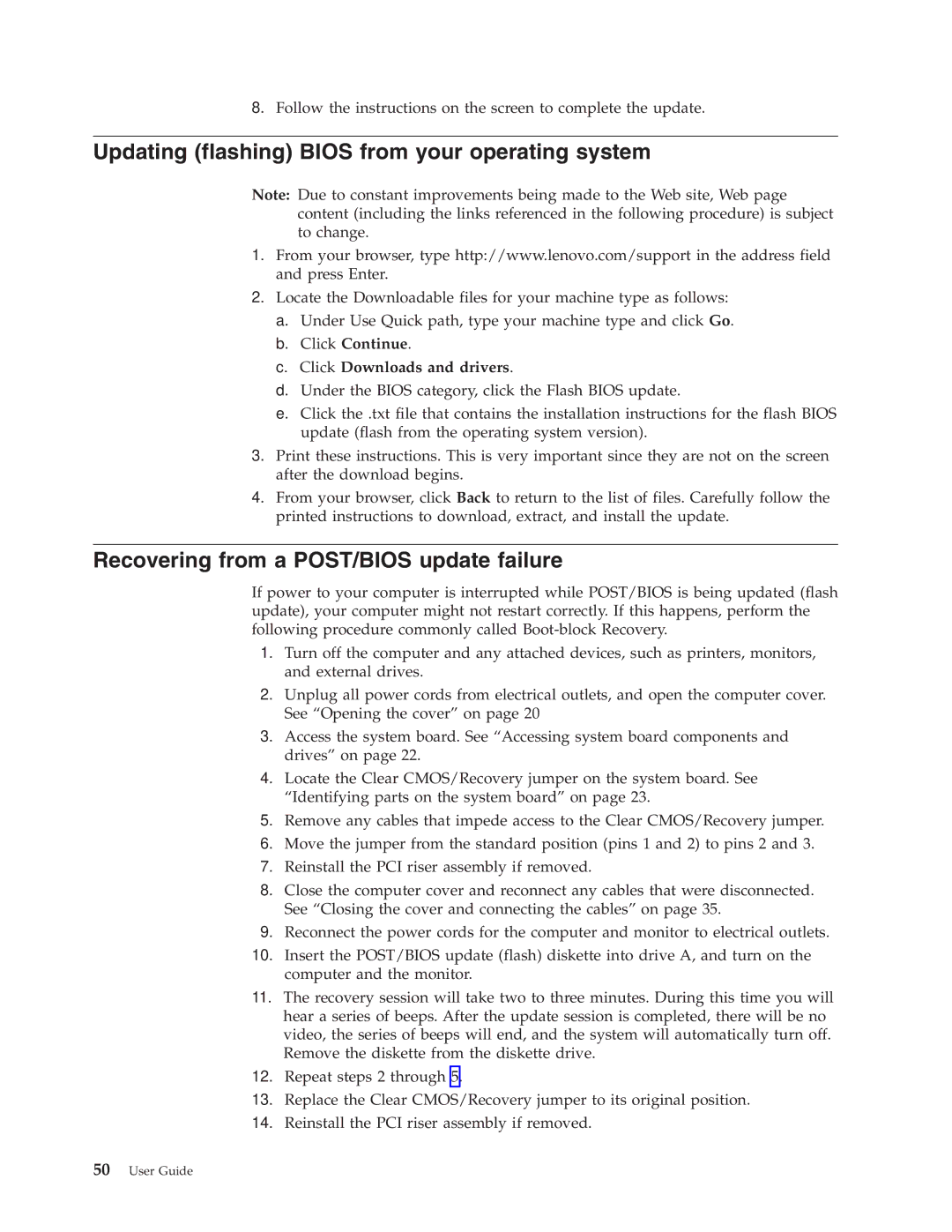 Lenovo 8800, 8813, 8796, 8808 Updating flashing Bios from your operating system, Recovering from a POST/BIOS update failure 