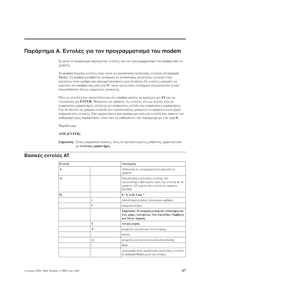 Lenovo 8797, 8814, 8810, 8801, 8793, 8805, 8011, TC M55-6486 manual Παρ Εντολ Για τον προγραµµατισµ Του modem, Βασικ Εντολ, Χαρακτ 