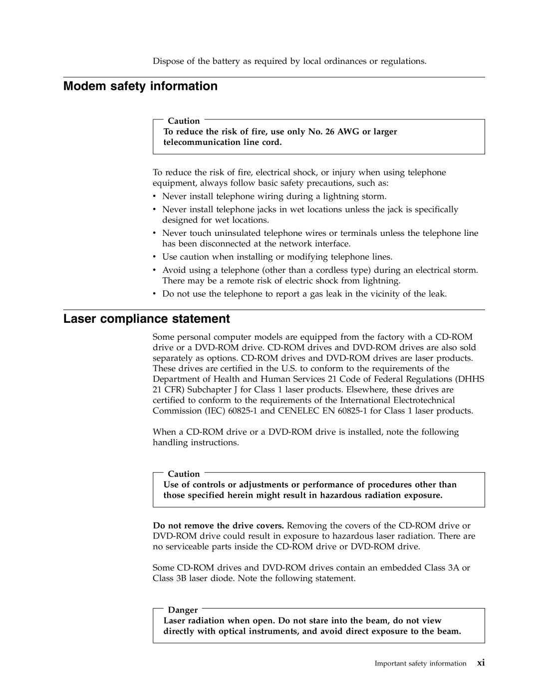 Lenovo 8011, 8814, 8810, 8801, 8793, 8805, 8797 manual Modem safety information, Laser compliance statement 