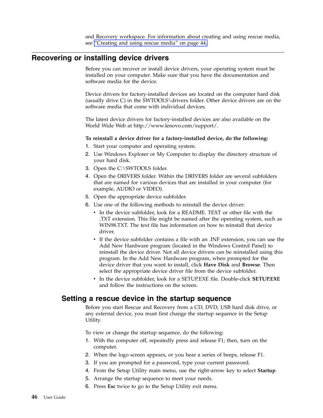 Lenovo 8011, 8814, 8810, 8801, 8793 Recovering or installing device drivers, Setting a rescue device in the startup sequence 