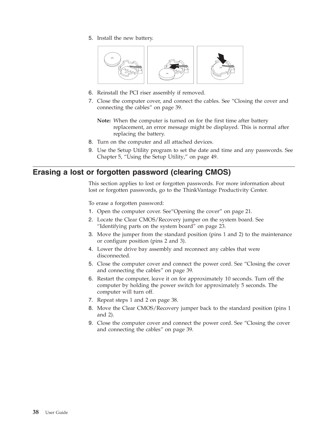 Lenovo 8797, 8814, 8810, 8801, 8793, 8805, 8011 manual Erasing a lost or forgotten password clearing Cmos 