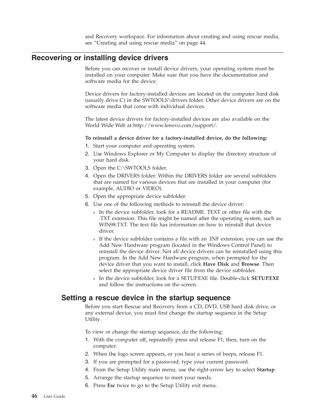 Lenovo 8011, 8814, 8810, 8801, 8793 Recovering or installing device drivers, Setting a rescue device in the startup sequence 