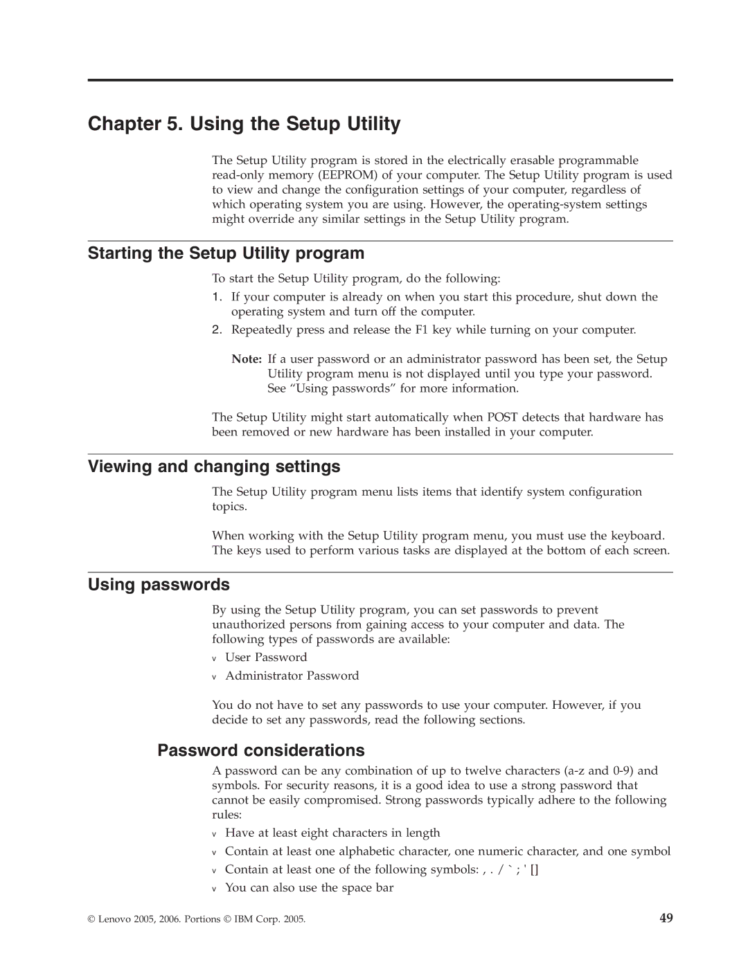 Lenovo 8801 Using the Setup Utility, Starting the Setup Utility program, Viewing and changing settings, Using passwords 