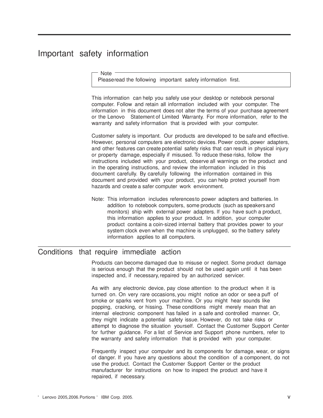 Lenovo 8814, 8810, 8801, 8793, 8805, 8797, 8011 manual Important safety information, Conditions that require immediate action 