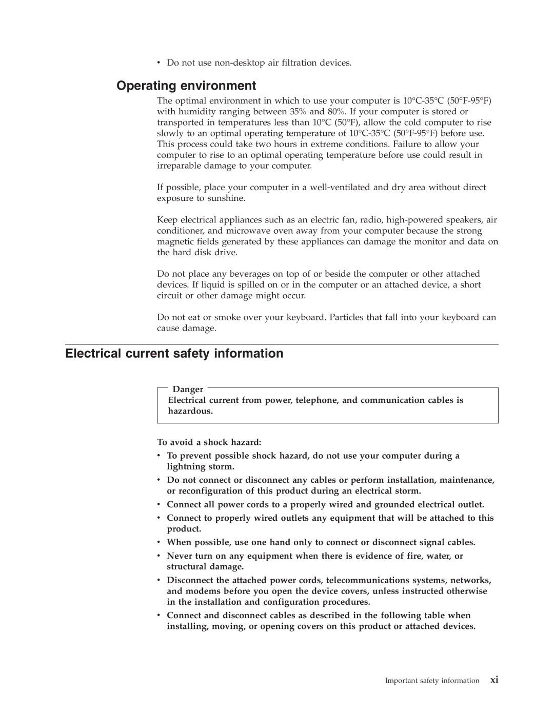 Lenovo 9649, 8972, 8980, 8970, 8976, 8982, 9276, 9266, 9695, 9380 Operating environment, Electrical current safety information 