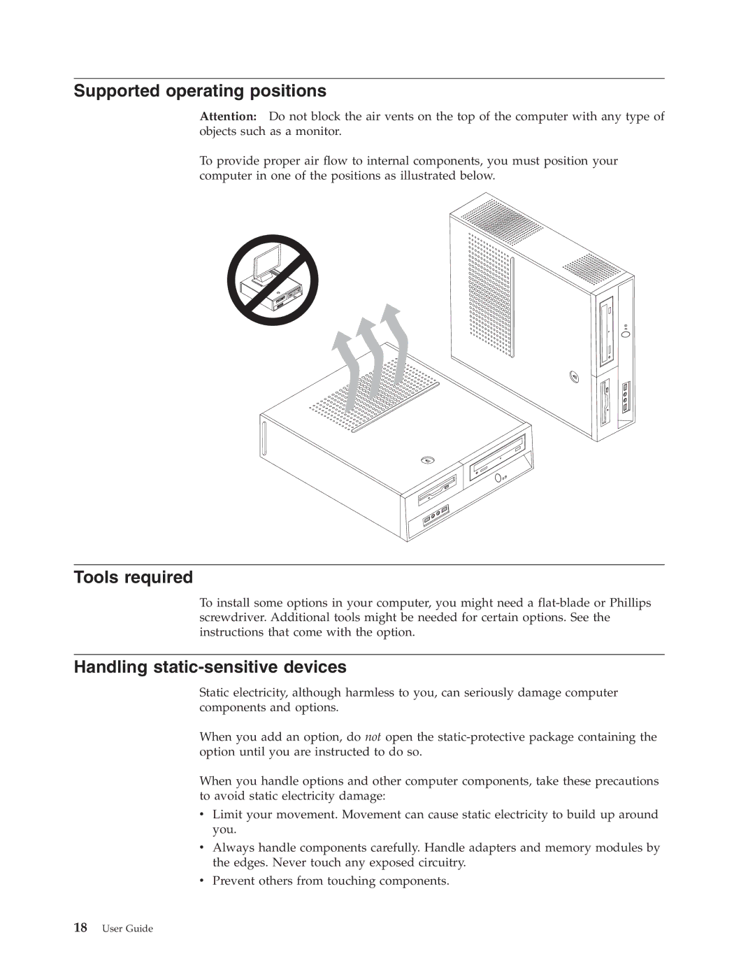 Lenovo 9384, 8972, 8980, 8970, 8976, 8982 Supported operating positions, Tools required, Handling static-sensitive devices 