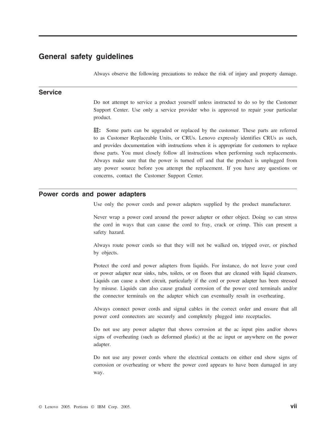 Lenovo 90W AC/DC manual General safety guidelines, Service 