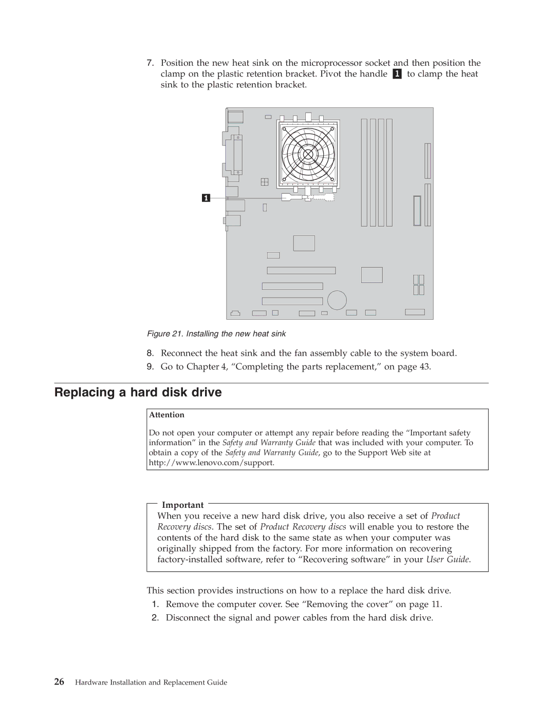 Lenovo 9120, 9136, 9127, 9134, 9129 manual Replacing a hard disk drive, Installing the new heat sink 