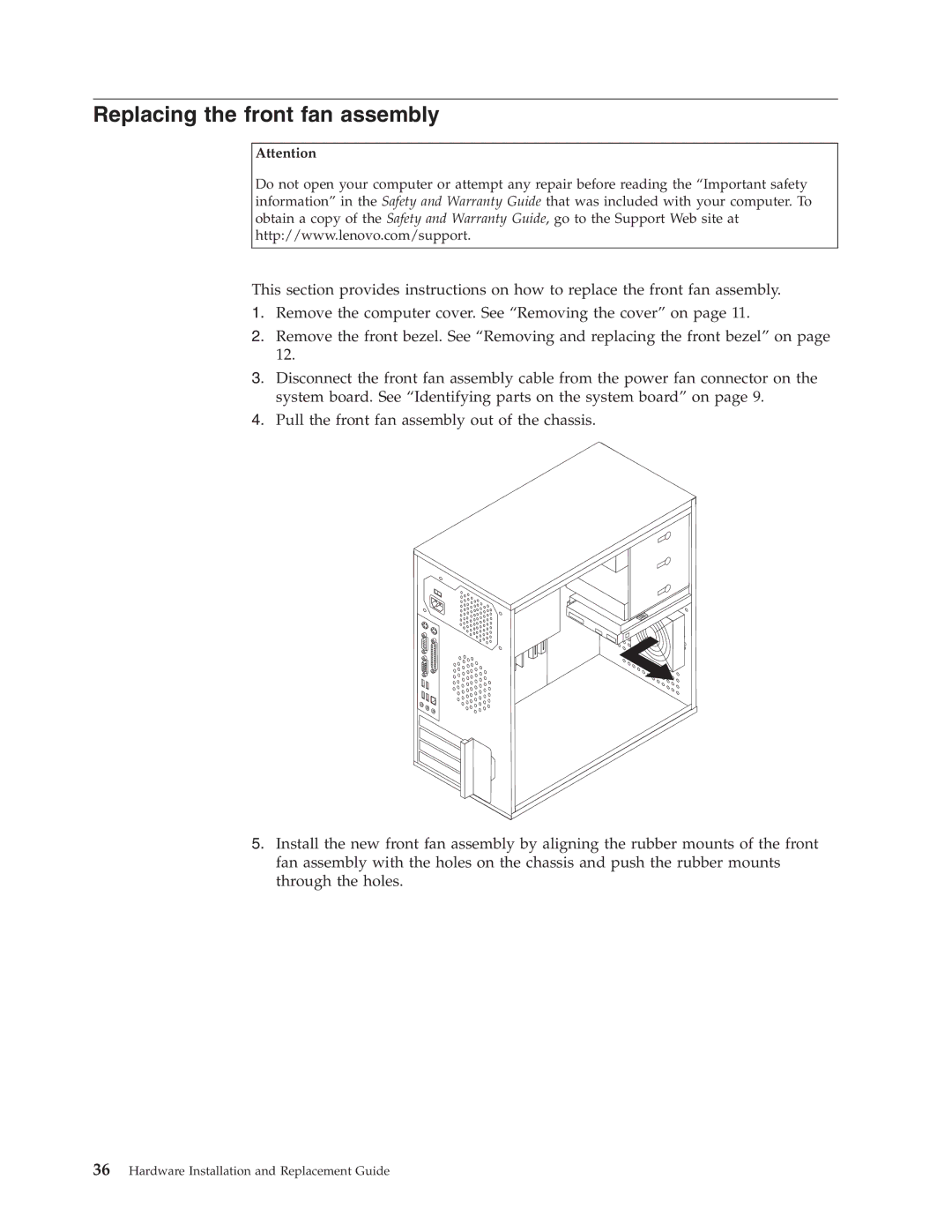 Lenovo 9120, 9136, 9127, 9134, 9129 manual Replacing the front fan assembly 