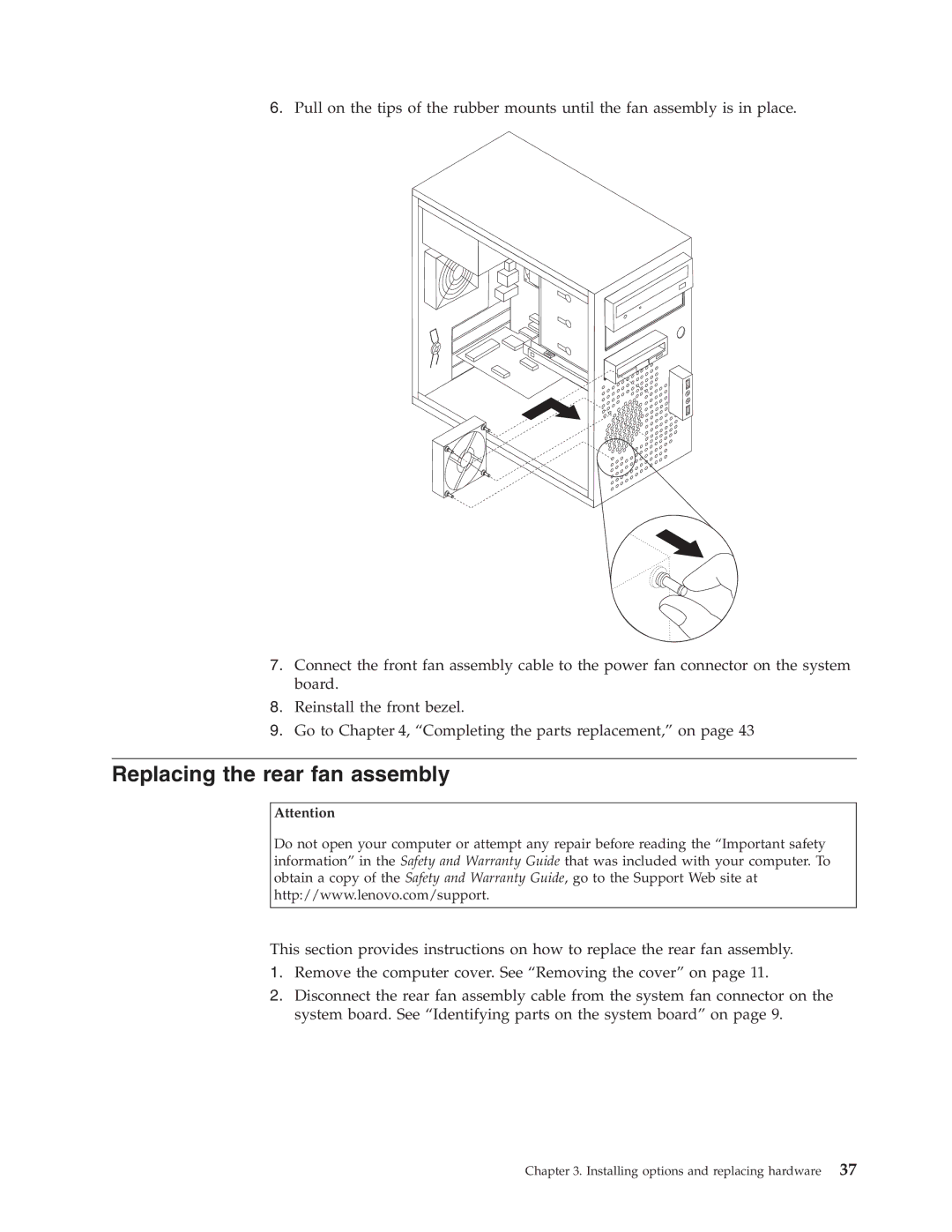 Lenovo 9136, 9127, 9134, 9129, 9120 manual Replacing the rear fan assembly 