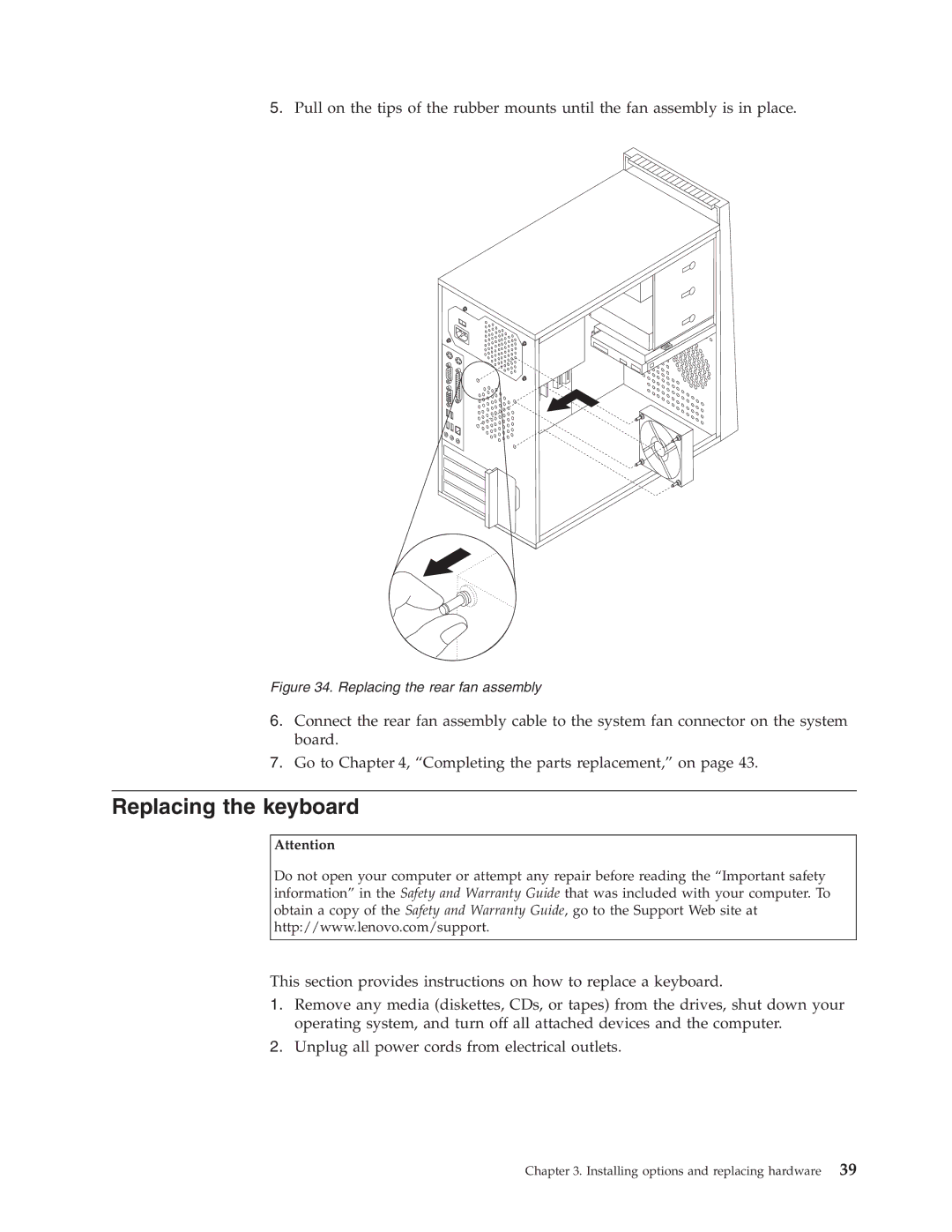 Lenovo 9134, 9136, 9127, 9129, 9120 manual Replacing the keyboard, Replacing the rear fan assembly 