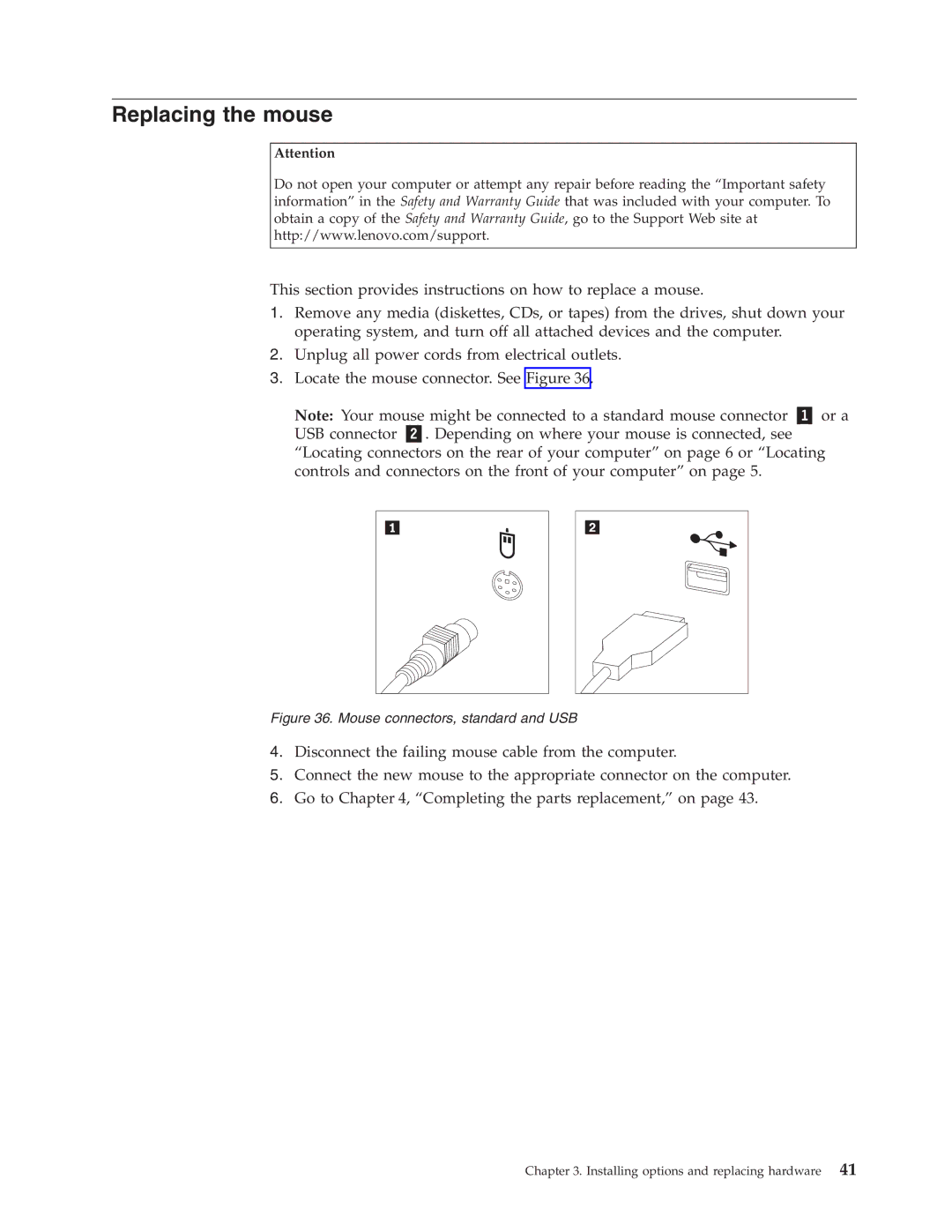 Lenovo 9120, 9136, 9127, 9134, 9129 manual Replacing the mouse, Mouse connectors, standard and USB 