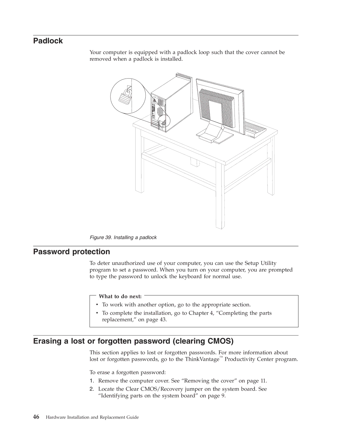 Lenovo 9120, 9136, 9127, 9134, 9129 manual Padlock, Password protection, Erasing a lost or forgotten password clearing Cmos 