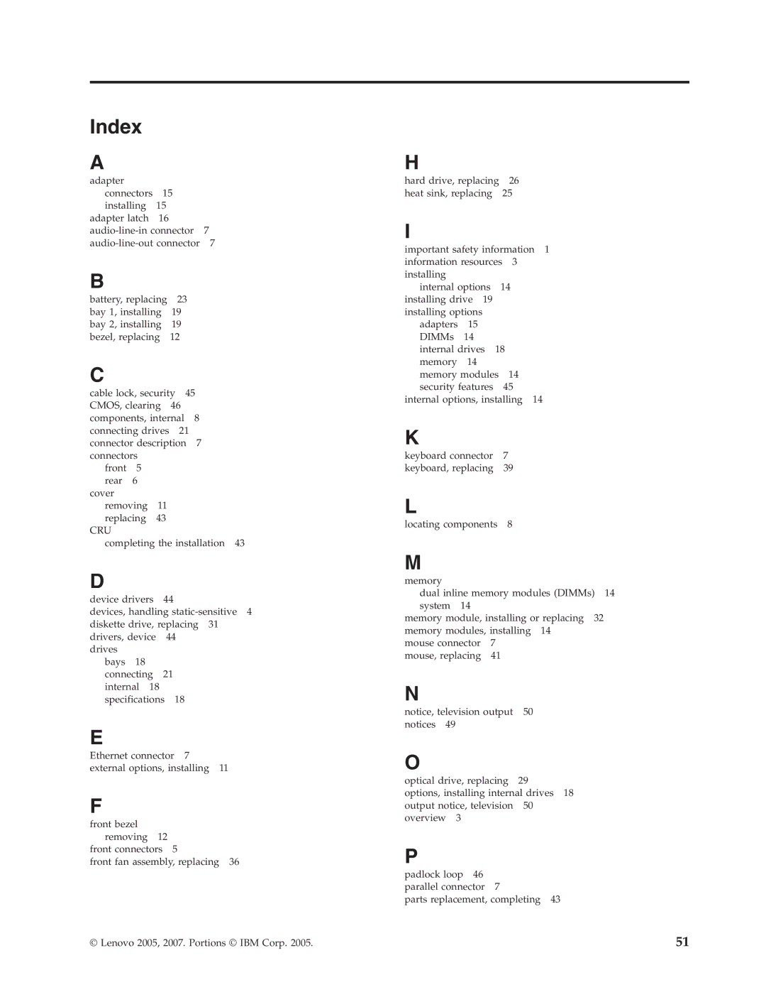 Lenovo 9120, 9136, 9127, 9134, 9129 manual Index, Cru 