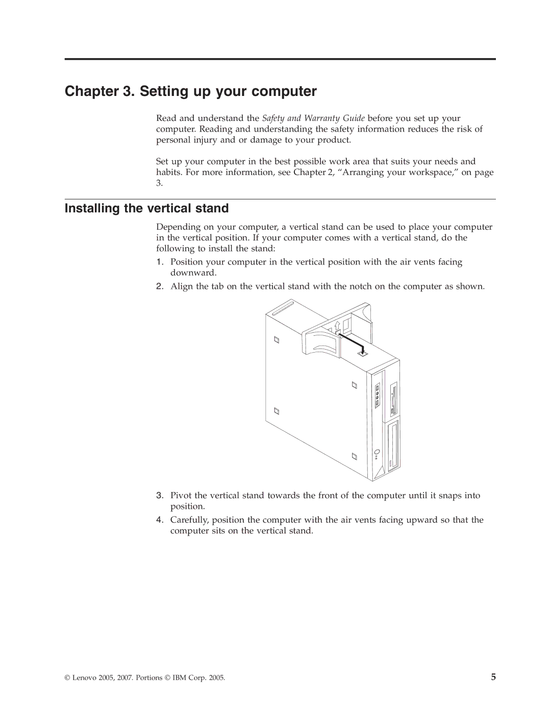 Lenovo 9141, 9136, 9127, 9134, 9129, 9158, 9157, 9191, 9143, 9142, 9169 Setting up your computer, Installing the vertical stand 