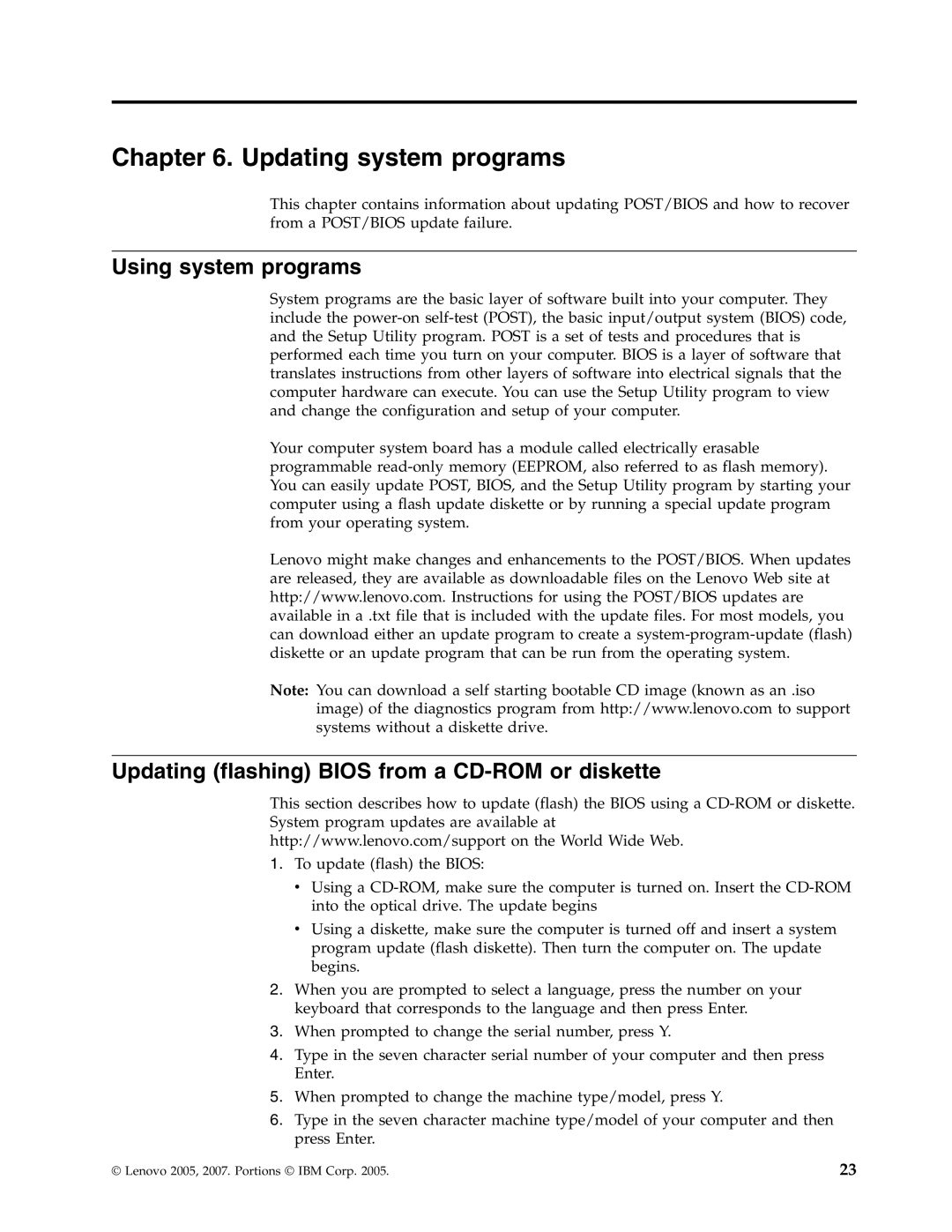 Lenovo 9142, 9136, 9127 Updating system programs, Using system programs, Updating flashing Bios from a CD-ROM or diskette 