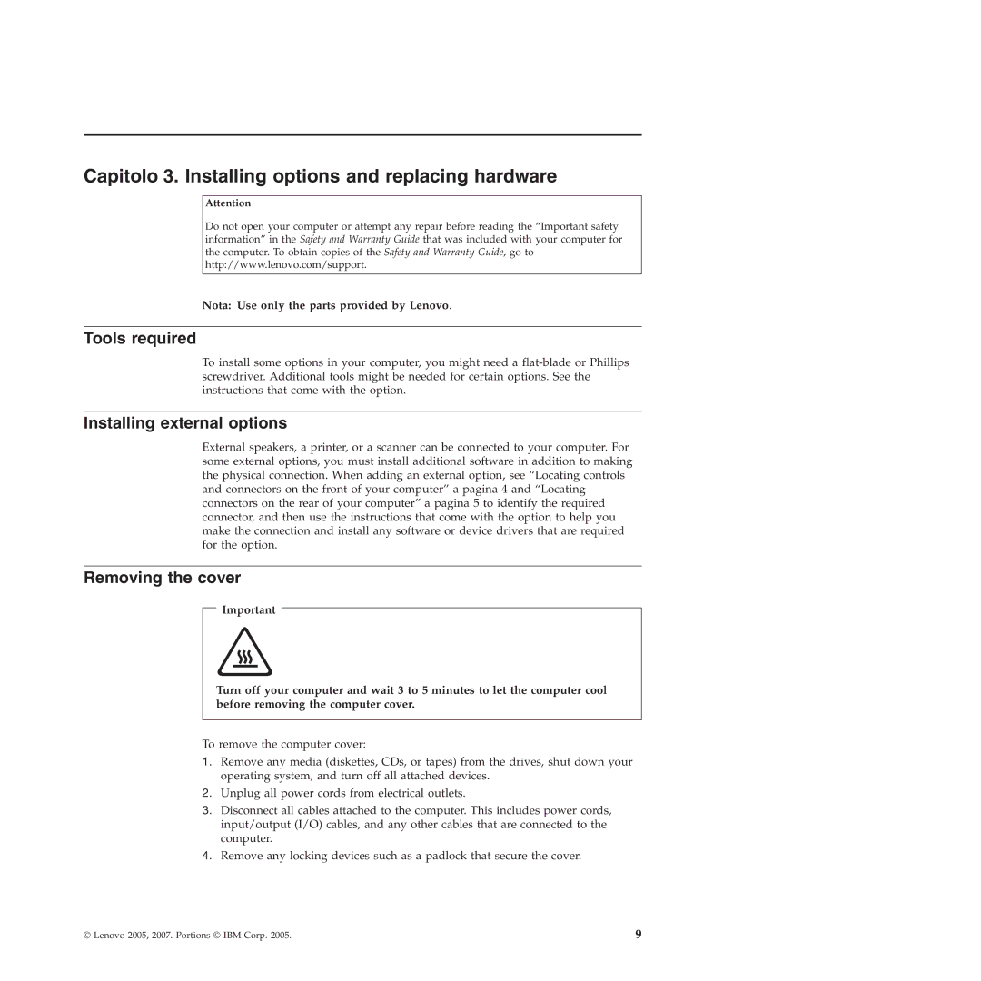 Lenovo 9159 manual Capitolo 3. Installing options and replacing hardware, Tools required, Installing external options 