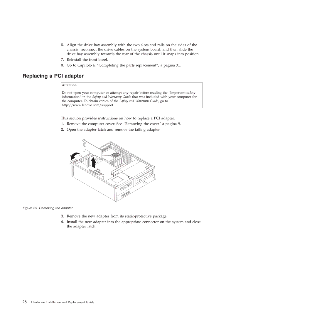 Lenovo 9159 manual Replacing a PCI adapter, Figura 35. Removing the adapter 