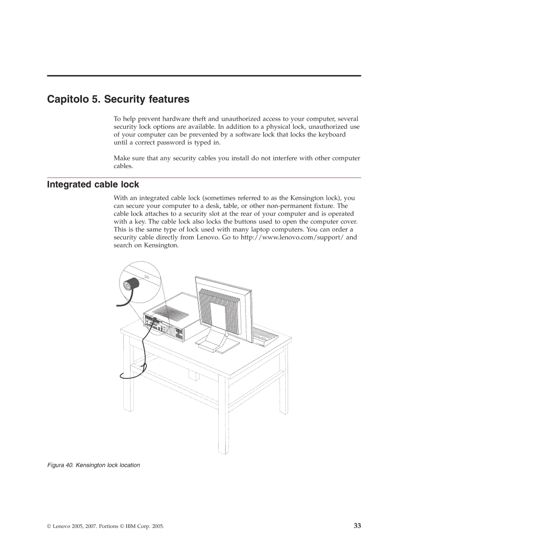 Lenovo 9159 manual Capitolo 5. Security features, Integrated cable lock 