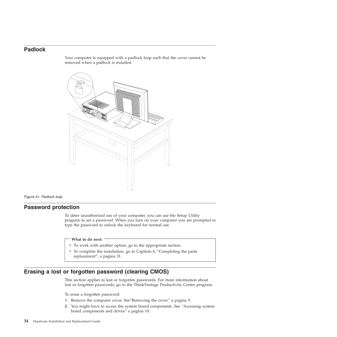 Lenovo 9159 manual Padlock, Password protection, Erasing a lost or forgotten password clearing Cmos 