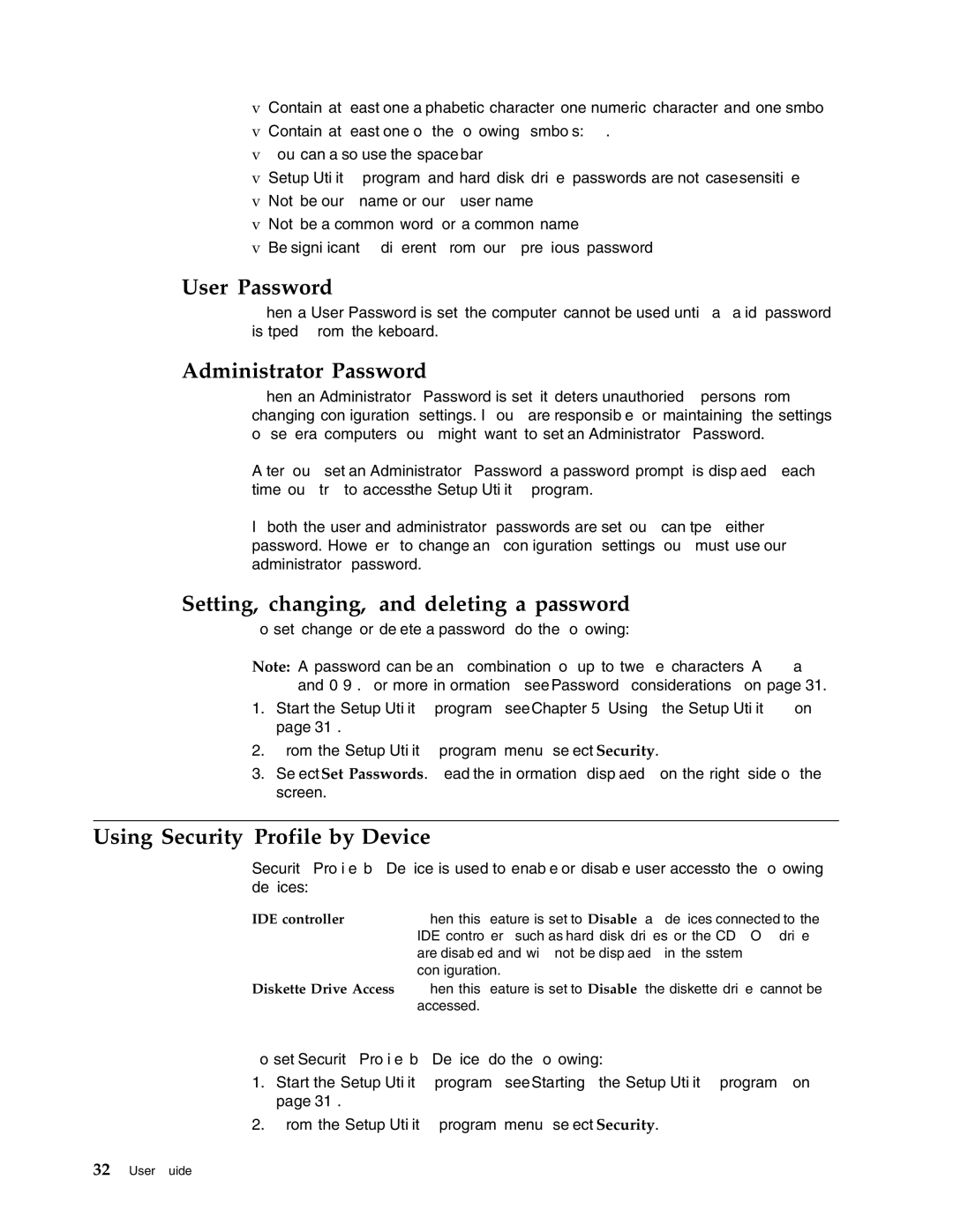 Lenovo 9172, 9181, 9162, 9182, 9196, 9163 User Password, Administrator Password, Setting, changing, and deleting a password 