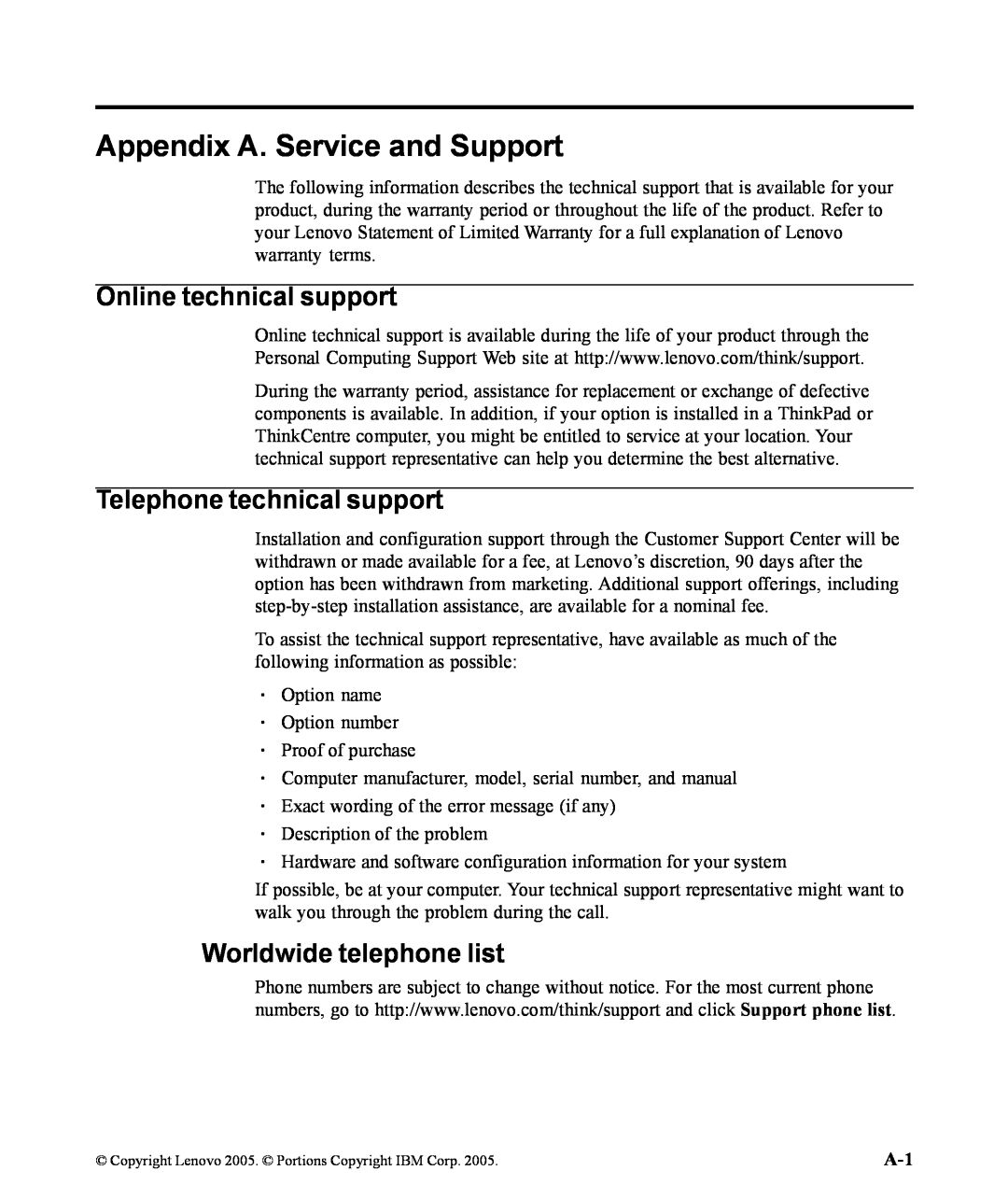 Lenovo 9205-HG2 manual Appendix A. Service and Support, Online technical support, Telephone technical support 
