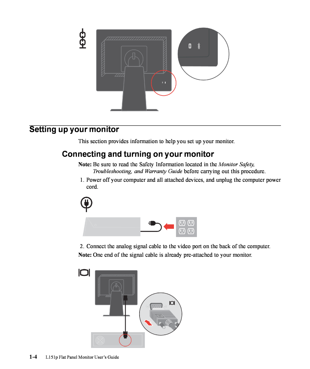 Lenovo 9205-HG2 Setting up your monitor, Connecting and turning on your monitor, 1-4 L151p Flat Panel Monitor User’s Guide 