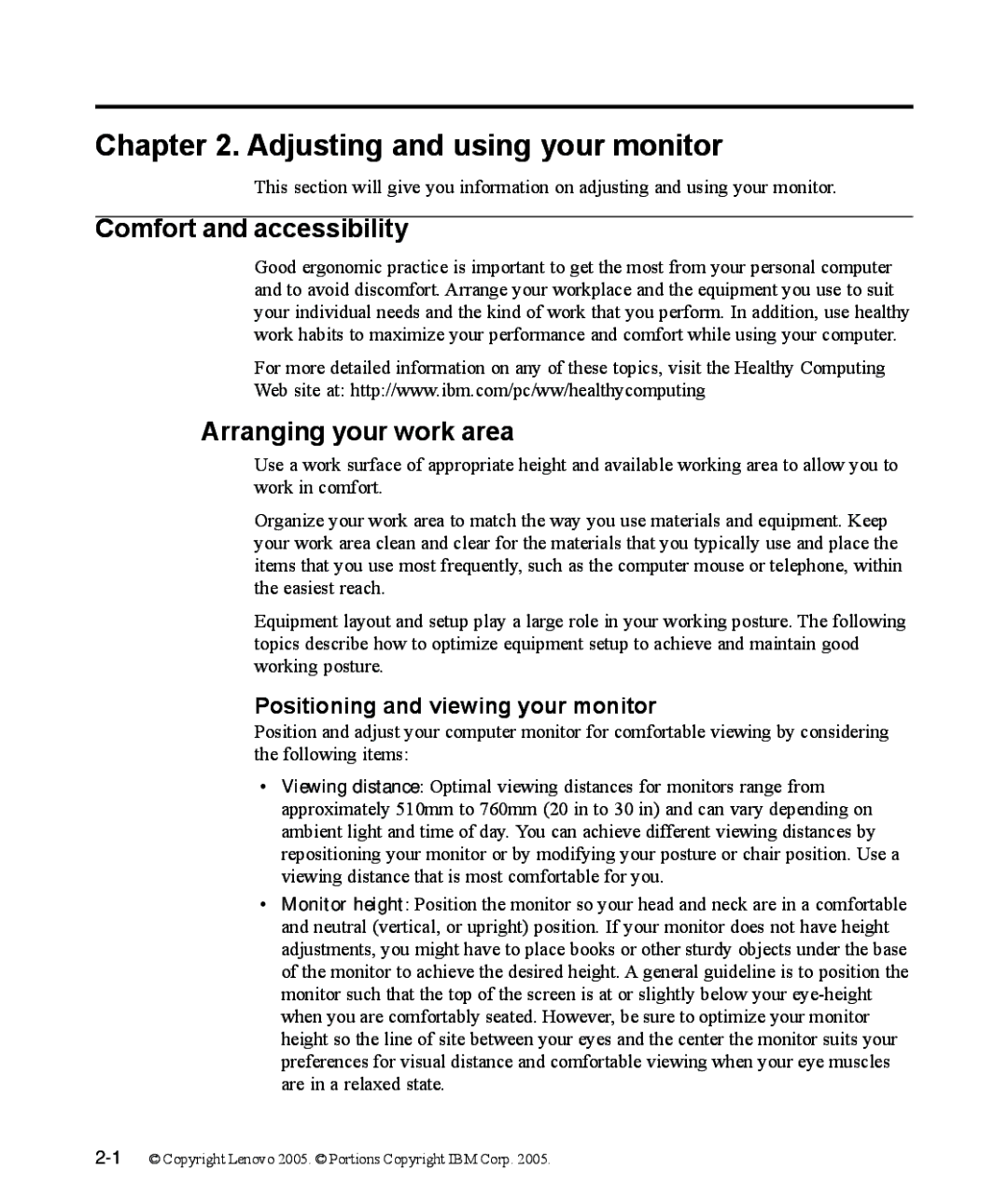 Lenovo 9205-HG2 manual Adjusting and using your monitor, Comfort and accessibility, Arranging your work area 