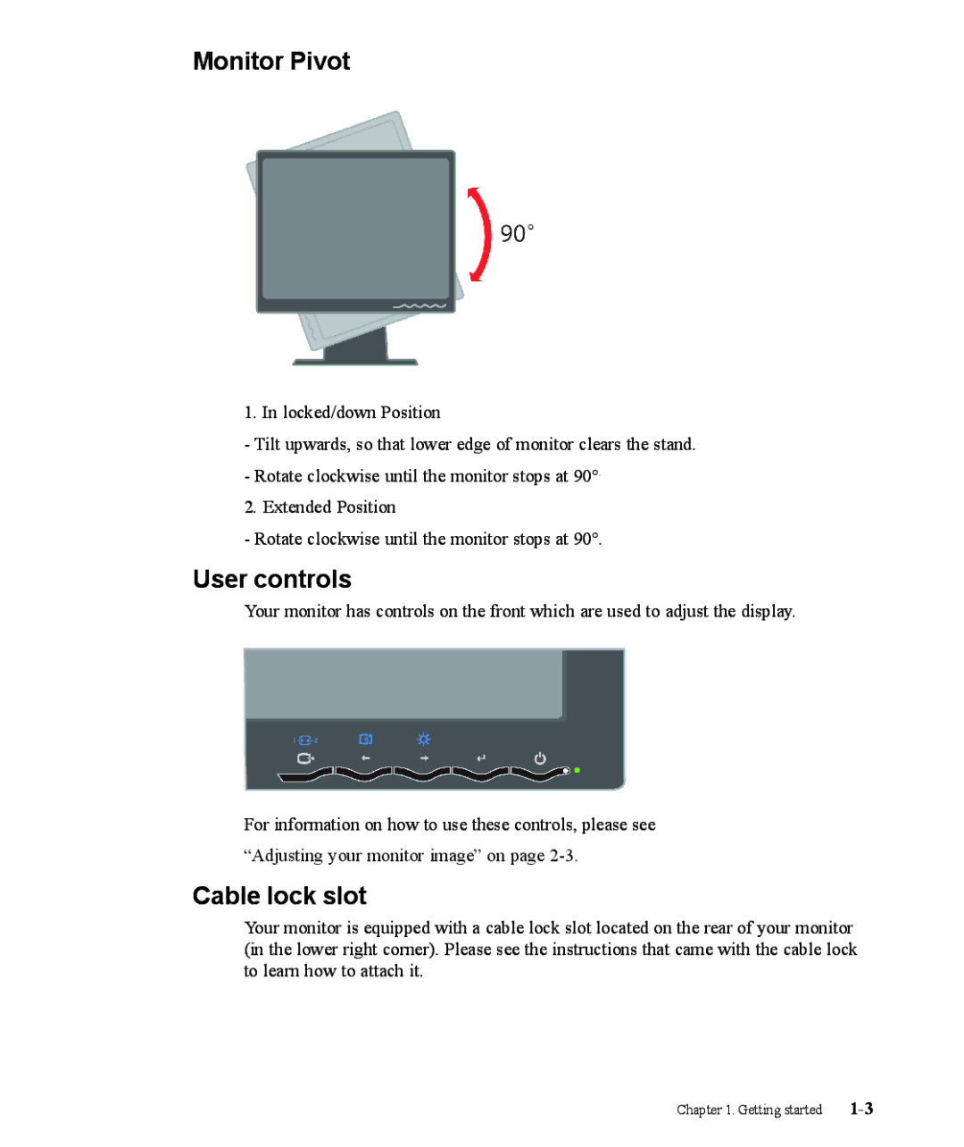 Lenovo 9205-HG2 manual Monitor Pivot, User controls, Cable lock slot 