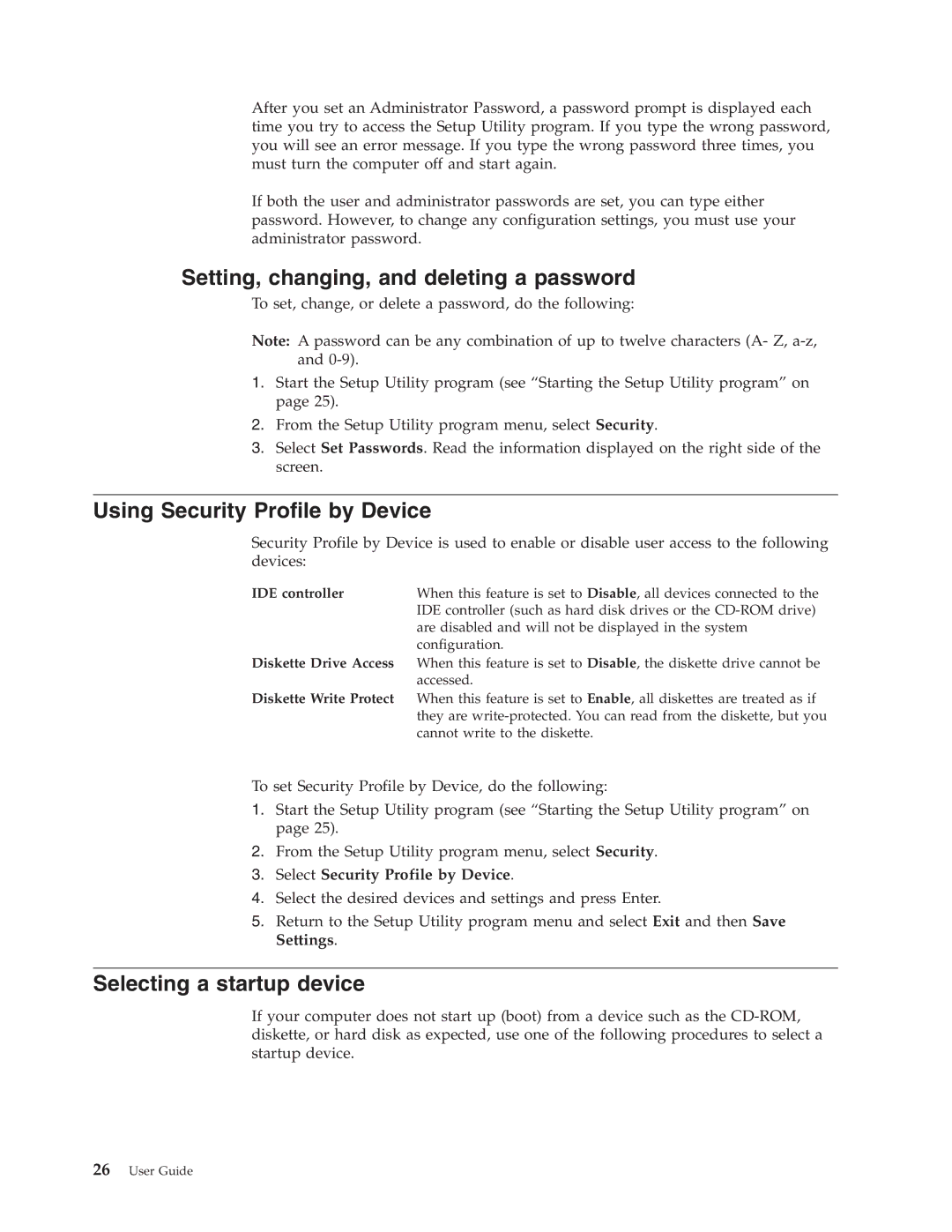 Lenovo 9212, 9213 Setting, changing, and deleting a password, Using Security Profile by Device, Selecting a startup device 