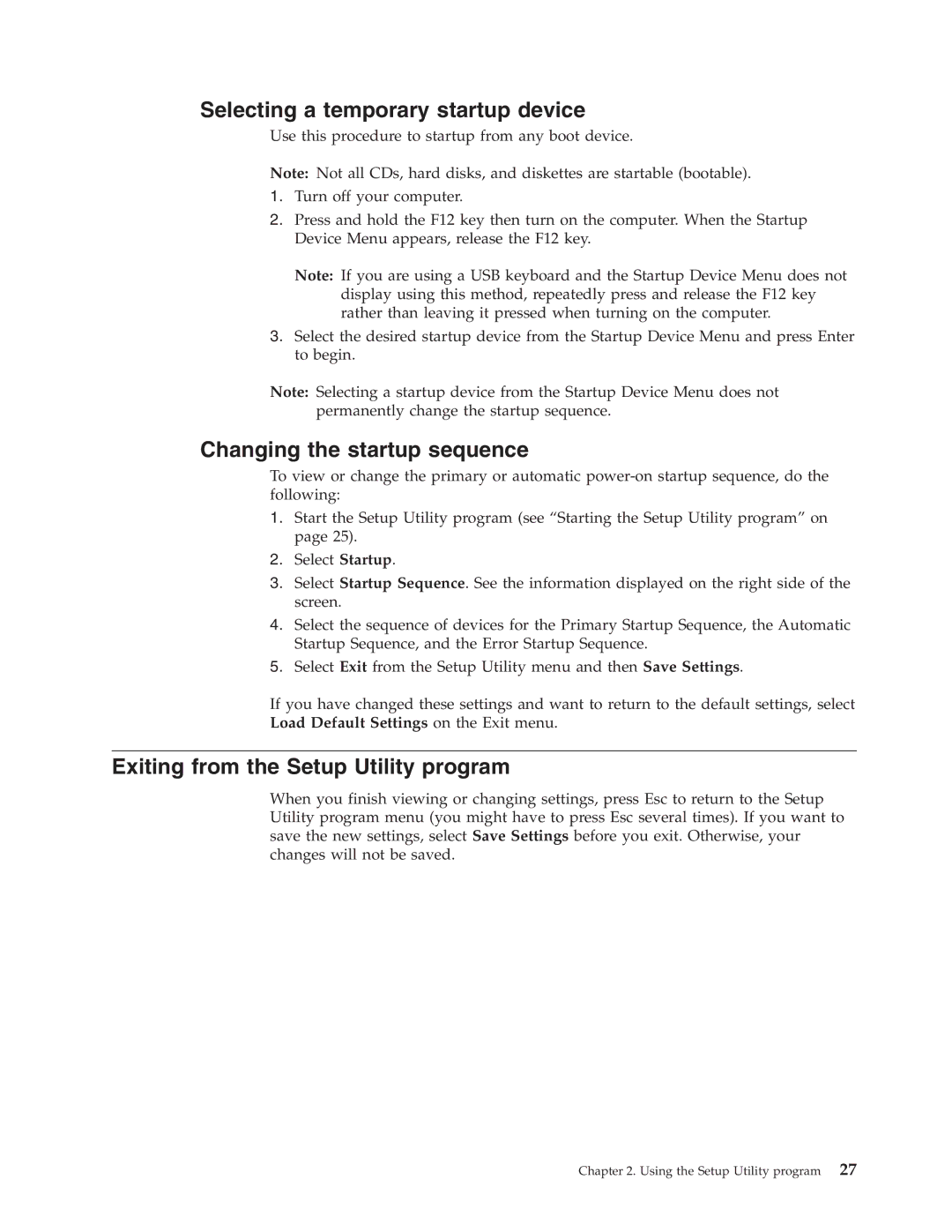 Lenovo 9213 Selecting a temporary startup device, Changing the startup sequence, Exiting from the Setup Utility program 