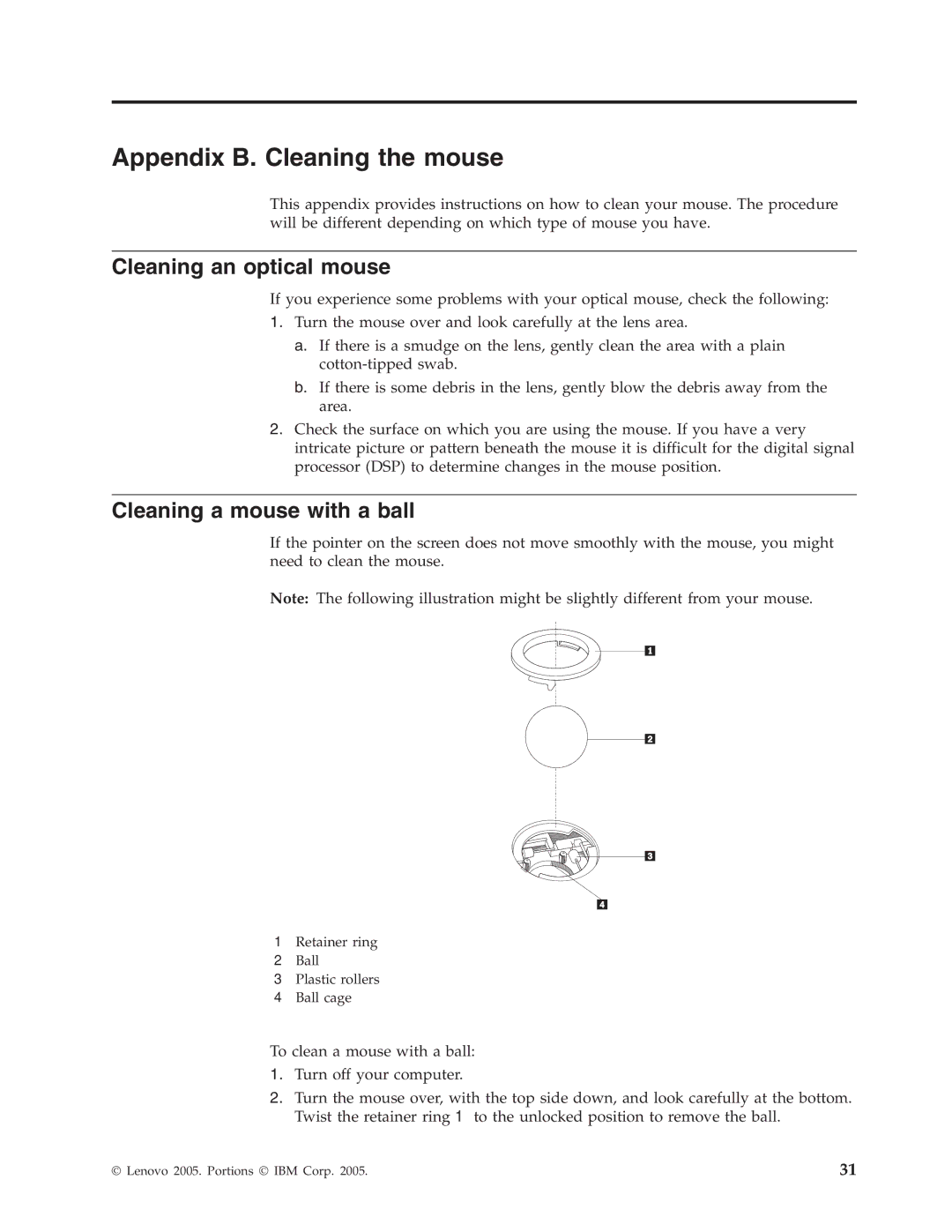 Lenovo 9213, 9212 manual Appendix B. Cleaning the mouse, Cleaning an optical mouse, Cleaning a mouse with a ball 