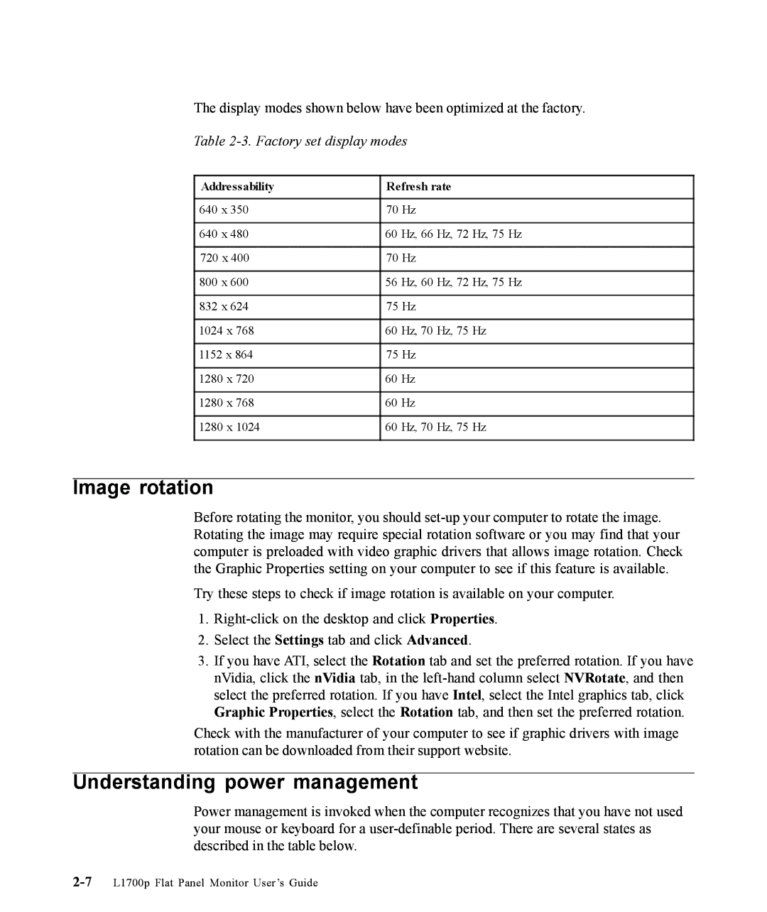 Lenovo 9417-HE2, L1700p manual Image rotation, Understanding power management, Factory set display modes 