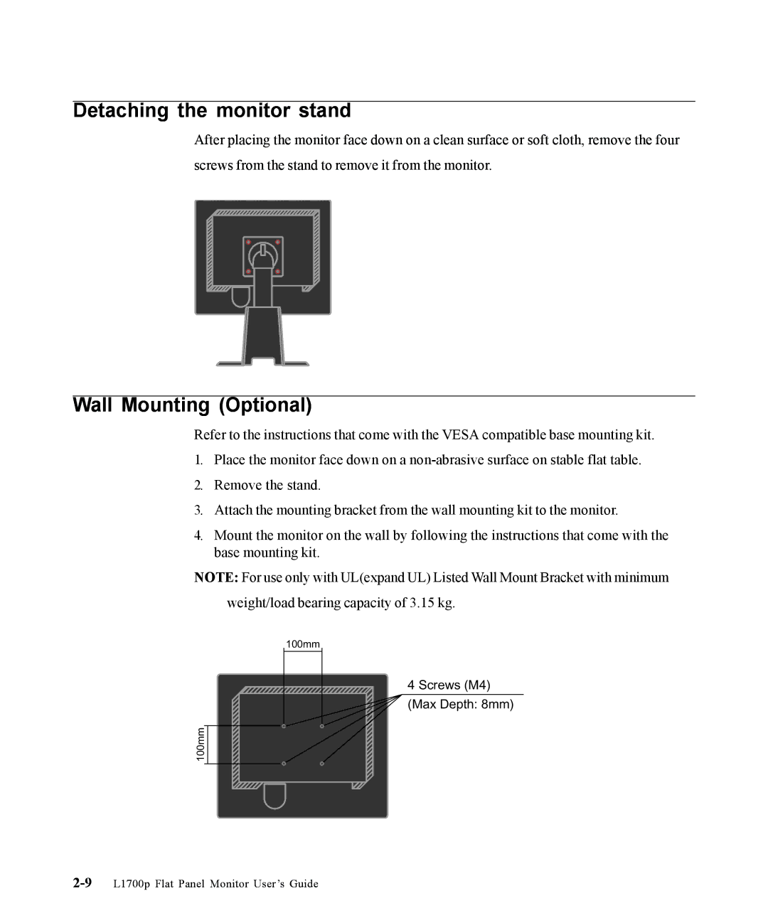 Lenovo 9417-HE2, L1700p manual Detaching the monitor stand, Wall Mounting Optional 