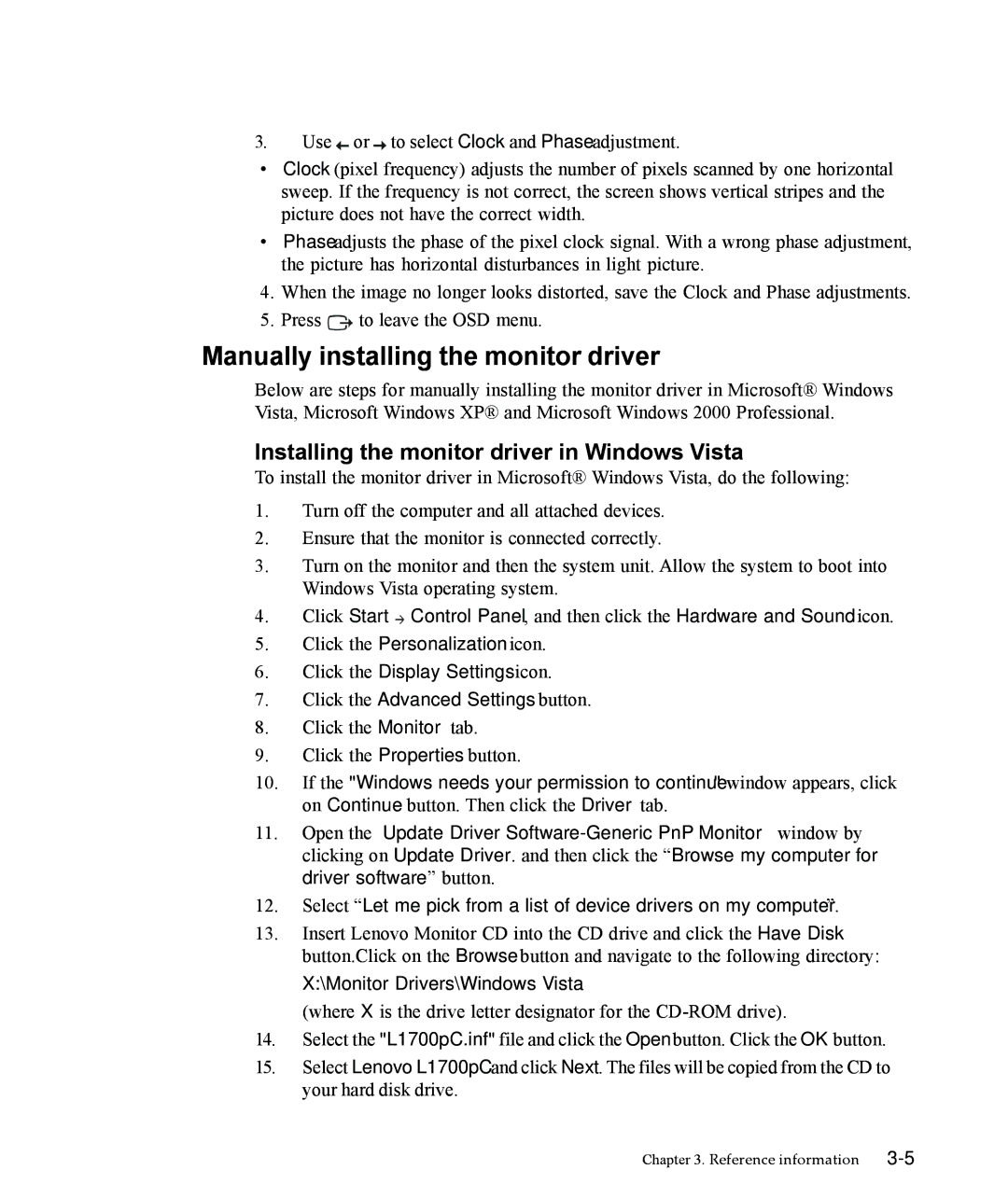 Lenovo L1700p, 9417-HE2 manual Manually installing the monitor driver, Installing the monitor driver in Windows Vista 