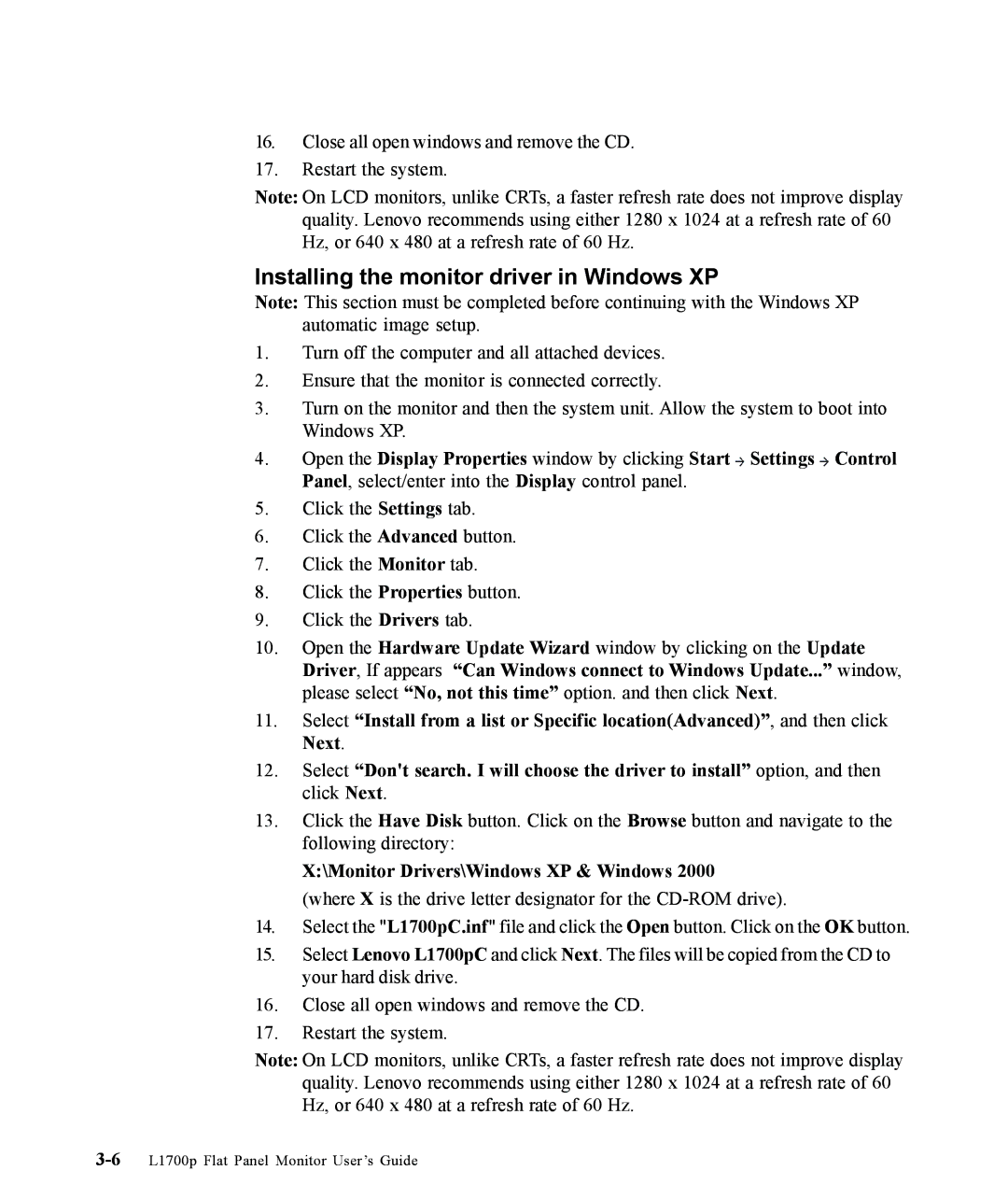 Lenovo 9417-HE2, L1700p manual Installing the monitor driver in Windows XP, Monitor Drivers\Windows XP & Windows 