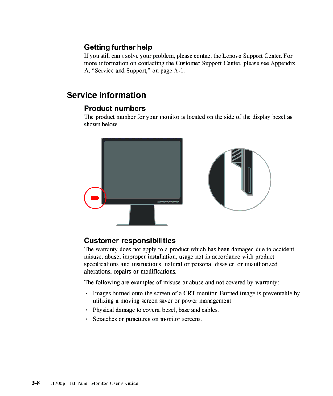 Lenovo 9417-HE2, L1700p manual Service information, Getting further help, Product numbers, Customer responsibilities 