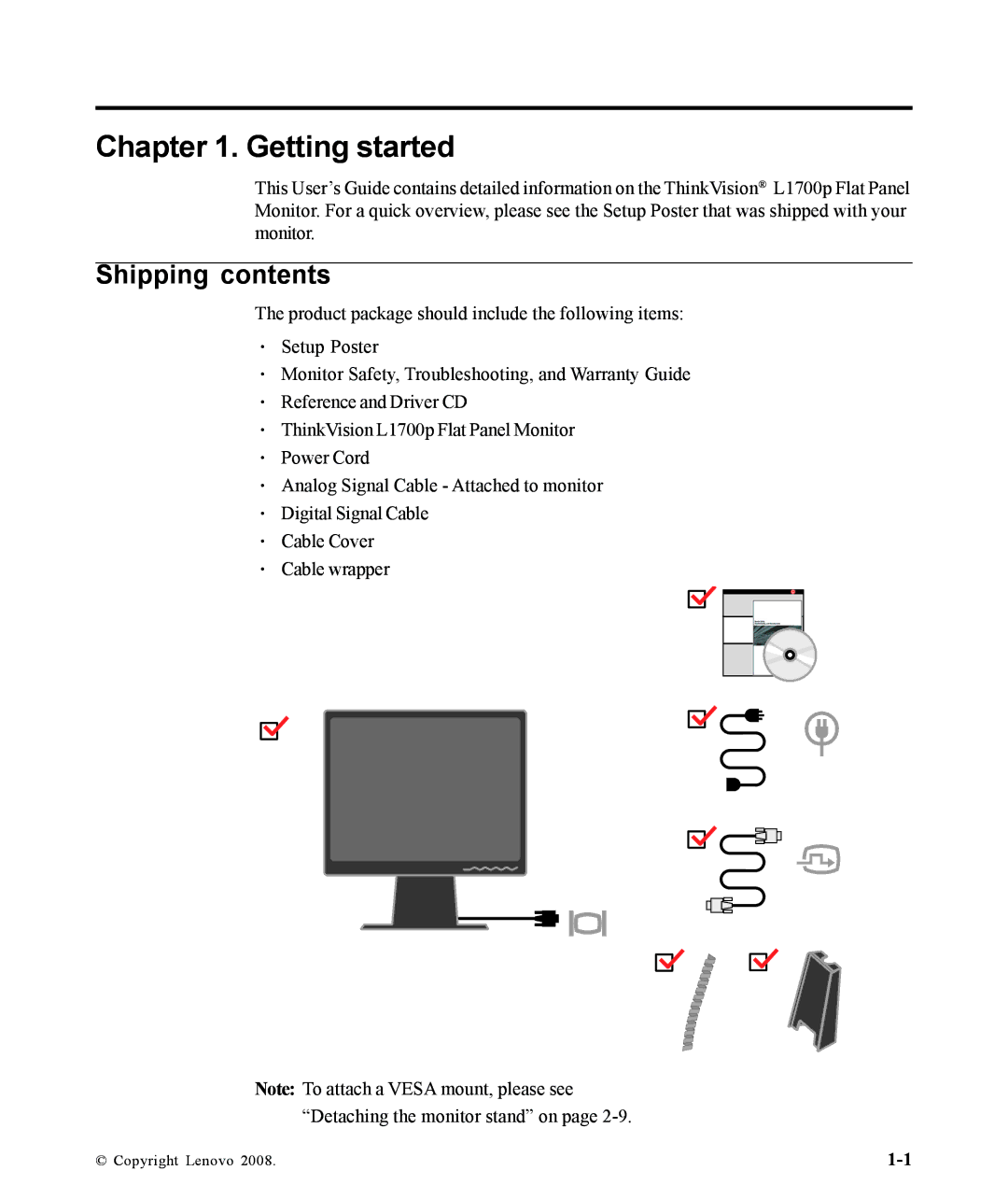 Lenovo L1700p, 9417-HE2 manual Getting started, Shipping contents 