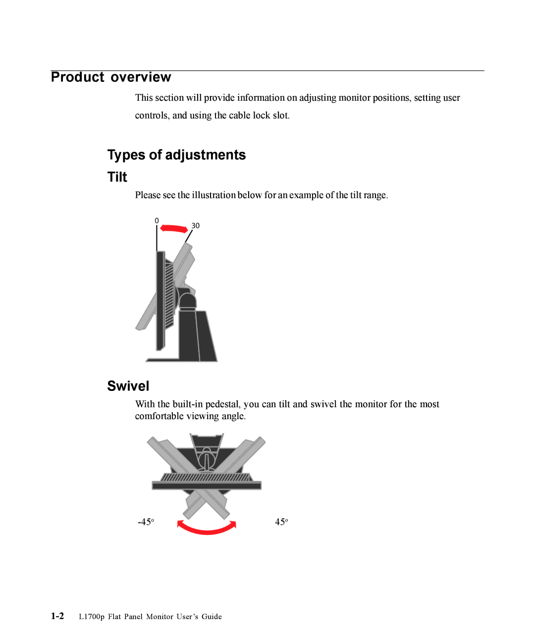 Lenovo 9417-HE2, L1700p manual Product overview, Types of adjustments Tilt, Swivel 