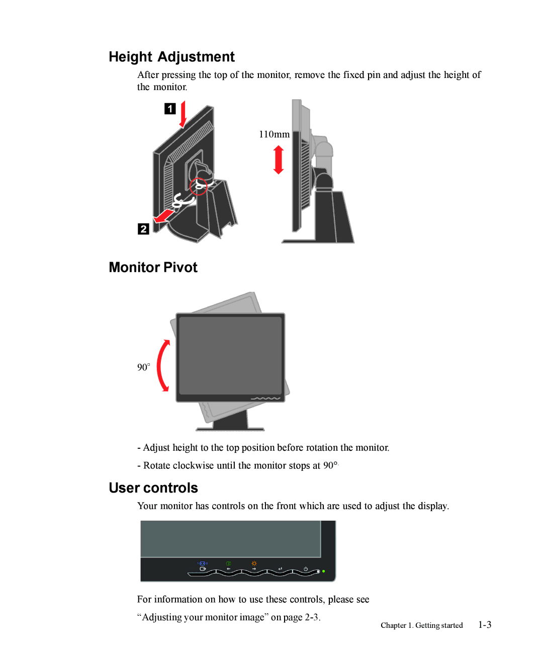 Lenovo L1700p, 9417-HE2 manual Height Adjustment, Monitor Pivot, User controls 