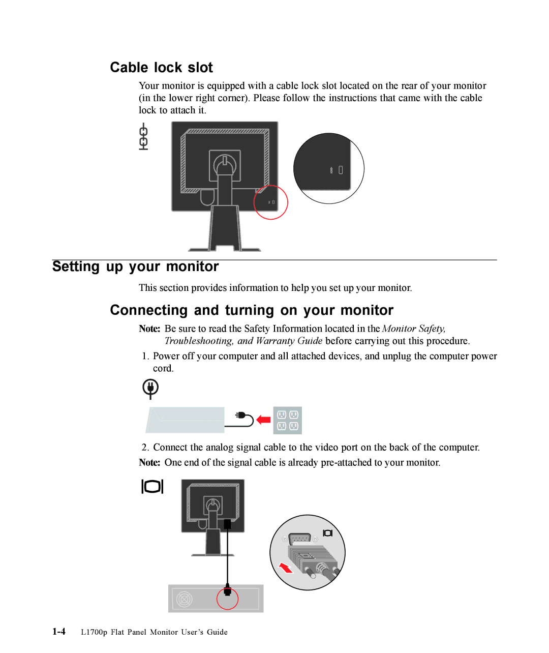 Lenovo 9417-HE2, L1700p manual Cable lock slot, Setting up your monitor, Connecting and turning on your monitor 