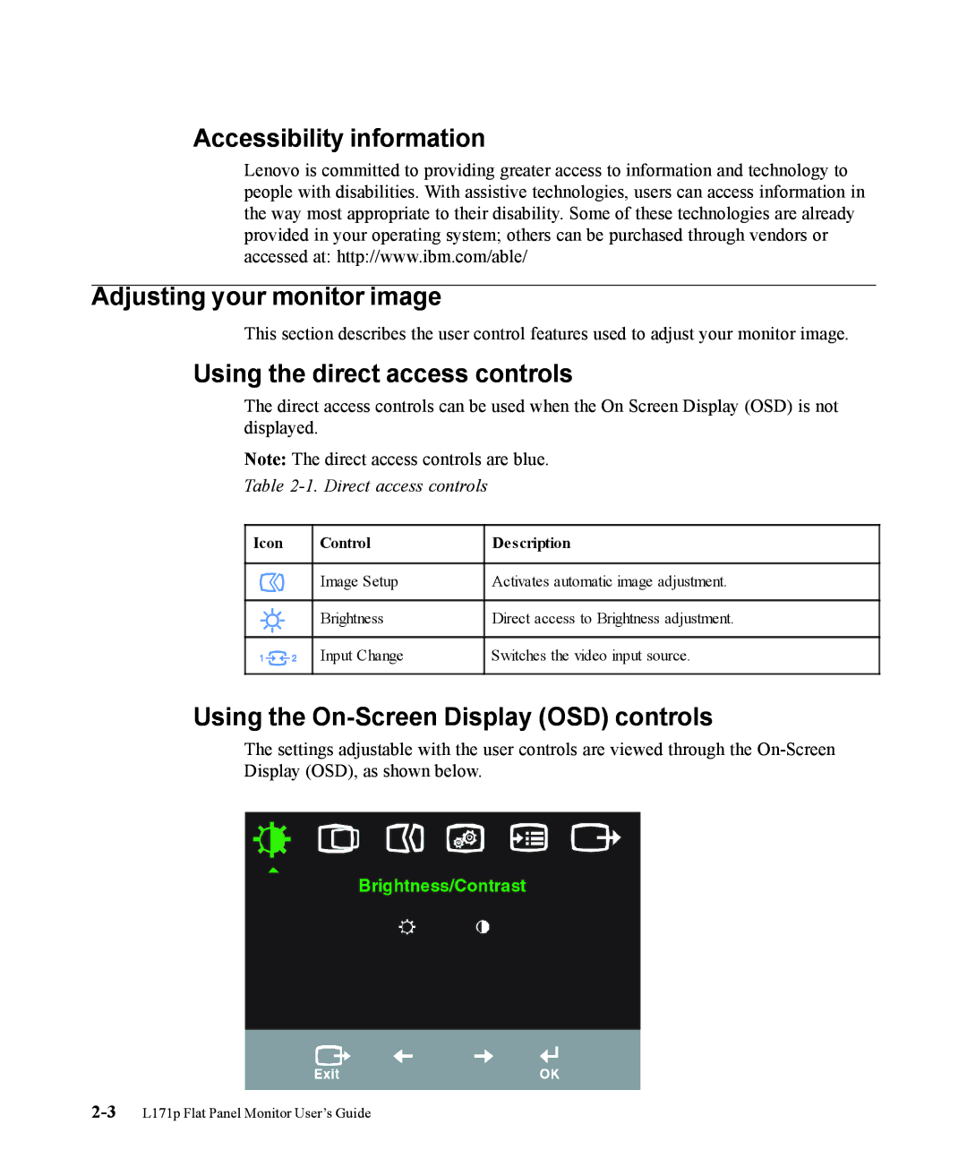 Lenovo 9227-HB2, 9417-HH2 manual Accessibility information Adjusting your monitor image, Using the direct access controls 