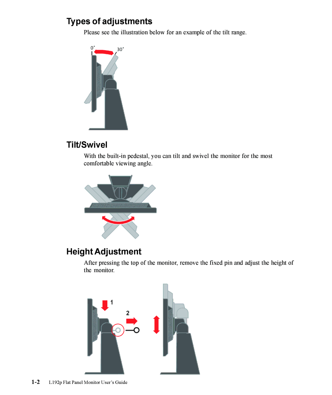 Lenovo 9417-HB2, 9417-HW2, 9227-HB2, 9417-HG2 manual Types of adjustments, Tilt/Swivel, Height Adjustment 