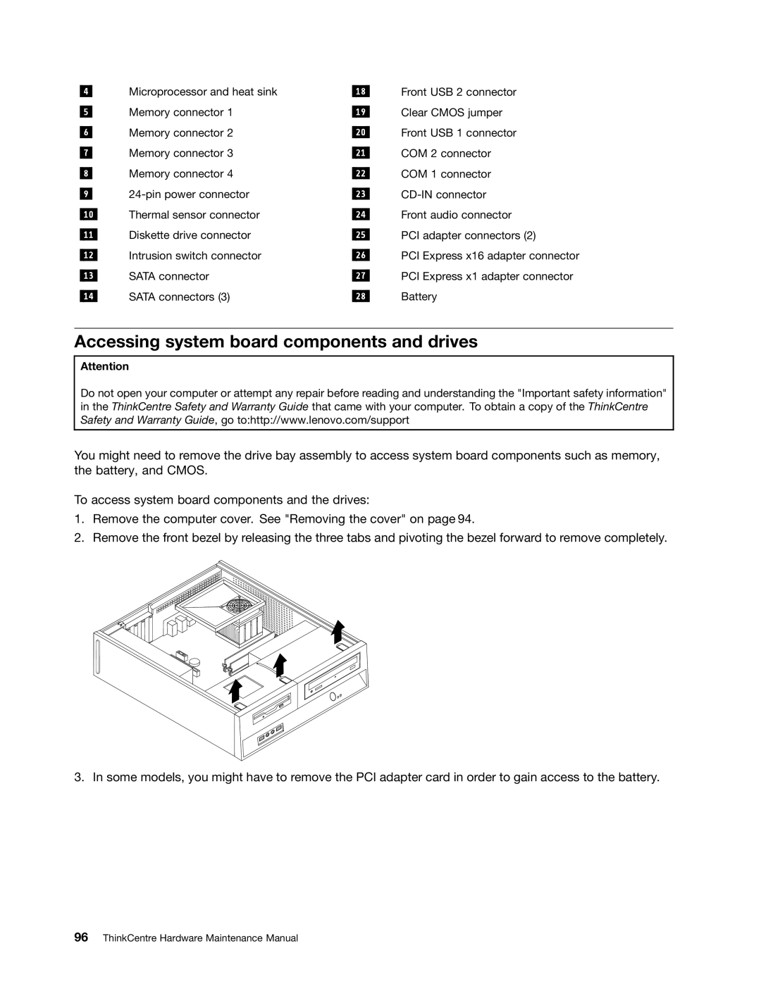 Lenovo 7057, 9486, 9421, 9353, 9485, 7061, 7090, 3656, 9426, 9342, 9354, 9344, 7062, 3658 Accessing system board components and drives 