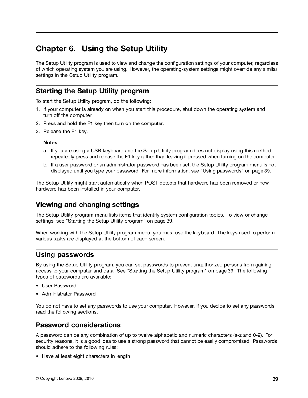 Lenovo 9486 Starting the Setup Utility program, Viewing and changing settings, Using passwords, Password considerations 